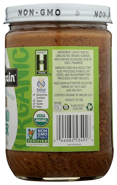 Once Again Organic Crunchy Almond Butter, 16oz - Lightly Toasted - Salt Free, Unsweetened - USDA Organic, Gluten Free Certified, Peanut Free, Vegan, Kosher, Paleo - Glass Jar