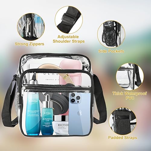 Miniatura 3 de Bolso cruzado transparente aprobado para estadios, bolso transparente de PVC de 0.016 in con correa ajustable para el hombro, bolsillo frontal y