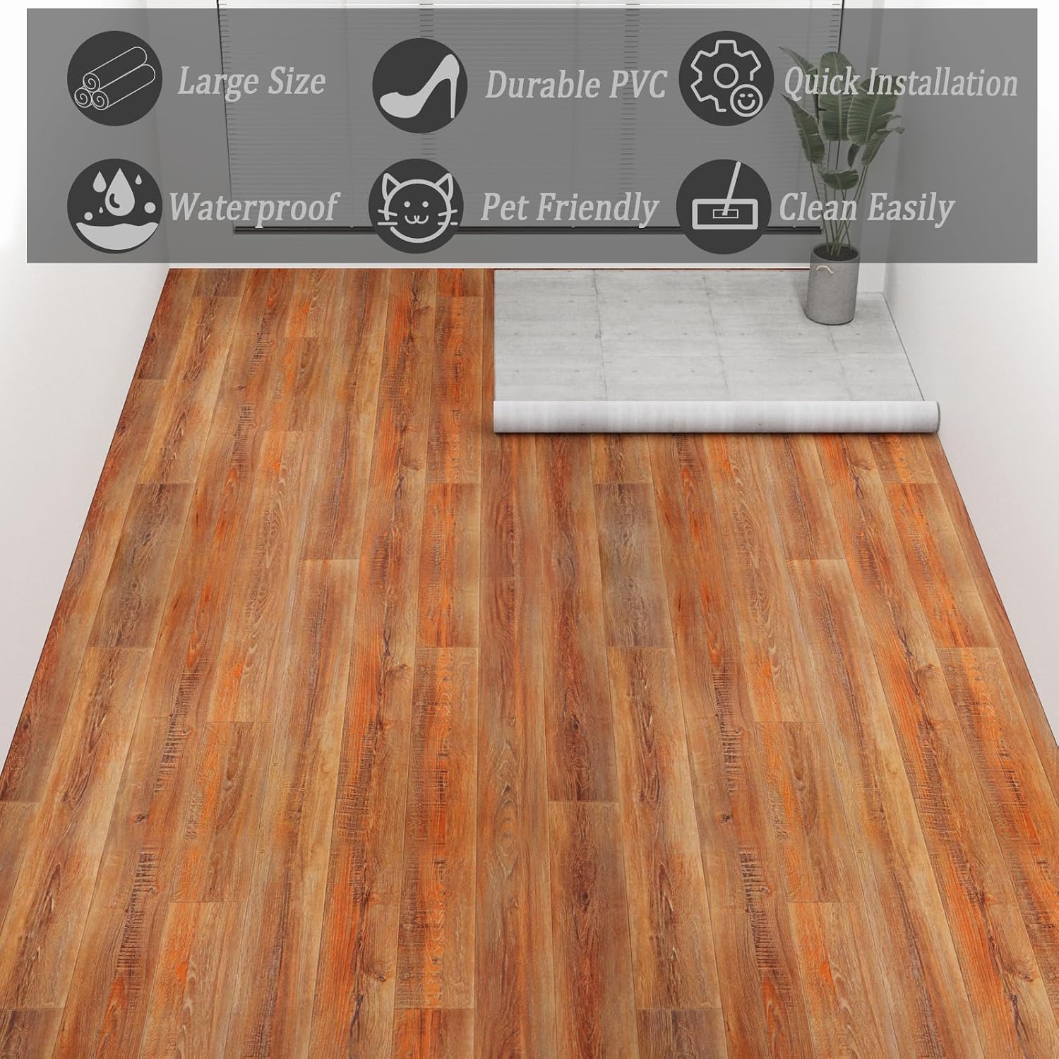 Condition photo showing New/Like New for oxdigi vinyl flooring roll 107 sq.ft | 3'4"w x 32'10"l, pvc leather-like linoleum floor covering, waterproof durable heavy vinyl, easy to install with tape, removable- no adhesive backing, rustic oak 3'4"w x 32'10"l (107 sq.ft) brown rustic wood