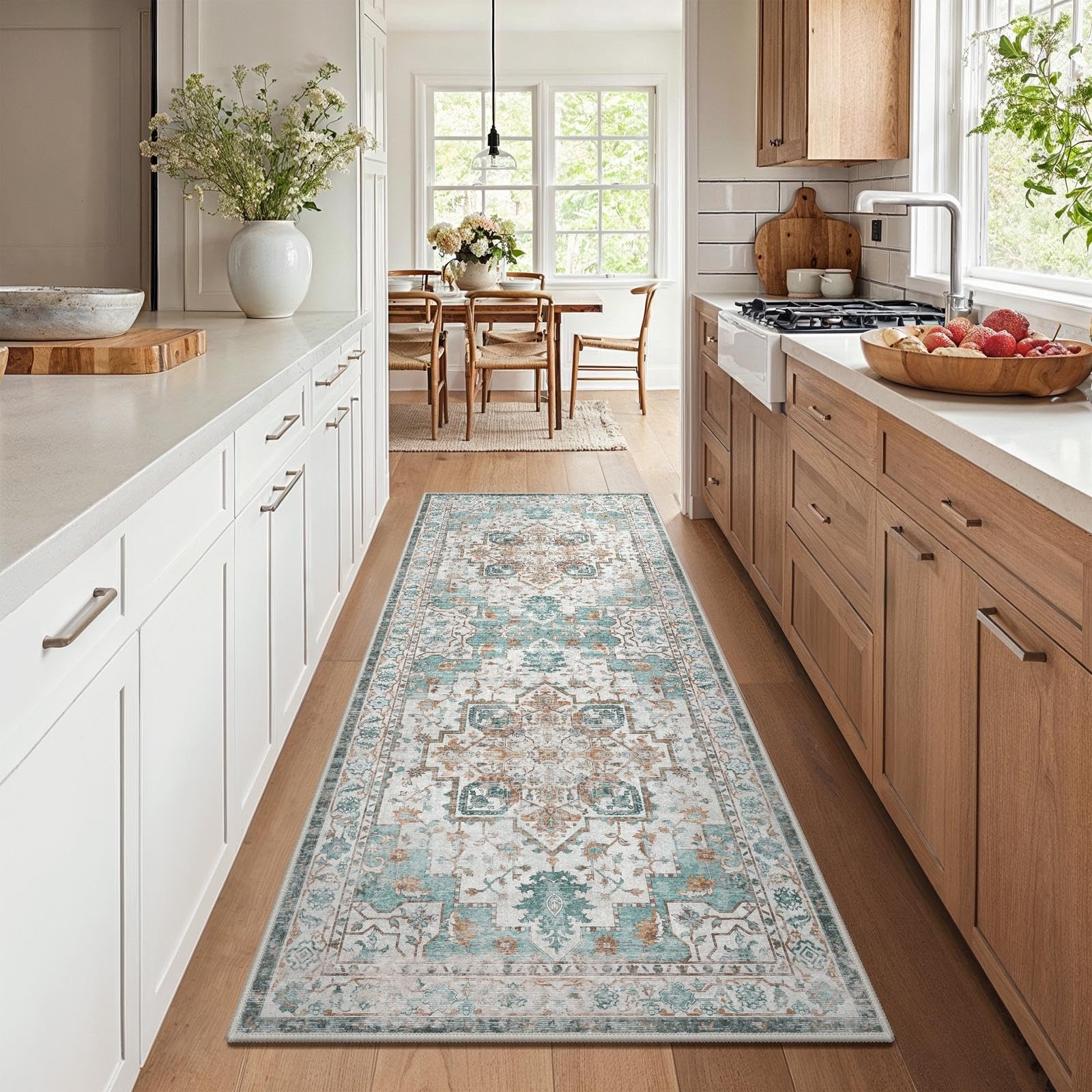GENIMO Vintage Tappeto Salotto 80x200cm - Tappeto Passatoia Soggiorno Lavabile Antiscivolo, Resistente, Facile da Pulire, Boem Carpet Per Camera da Letto, Sala da Pranzo, Cucina - Vintage Verde Beige