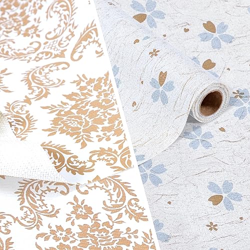 RAY STAR Revestimiento para estantes, 18 pulgadas x 8 pies, no adhesivo blanco floral 2 rollos y damasco dorado 1 rollo revestimiento de gabinete