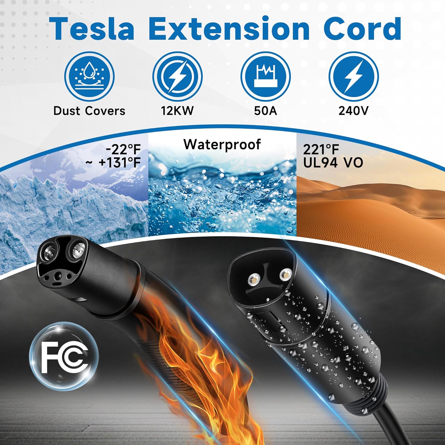 Tesla Extension Cable 50A 240V 12KW 25FT, EV Charger Extension Cord with NACS Plug for Level 1/2 Tesla Mobile Charger/Wall Connector, Compatible with Model Y/3/X/S, Portable Carry Bag, IP55 Rating