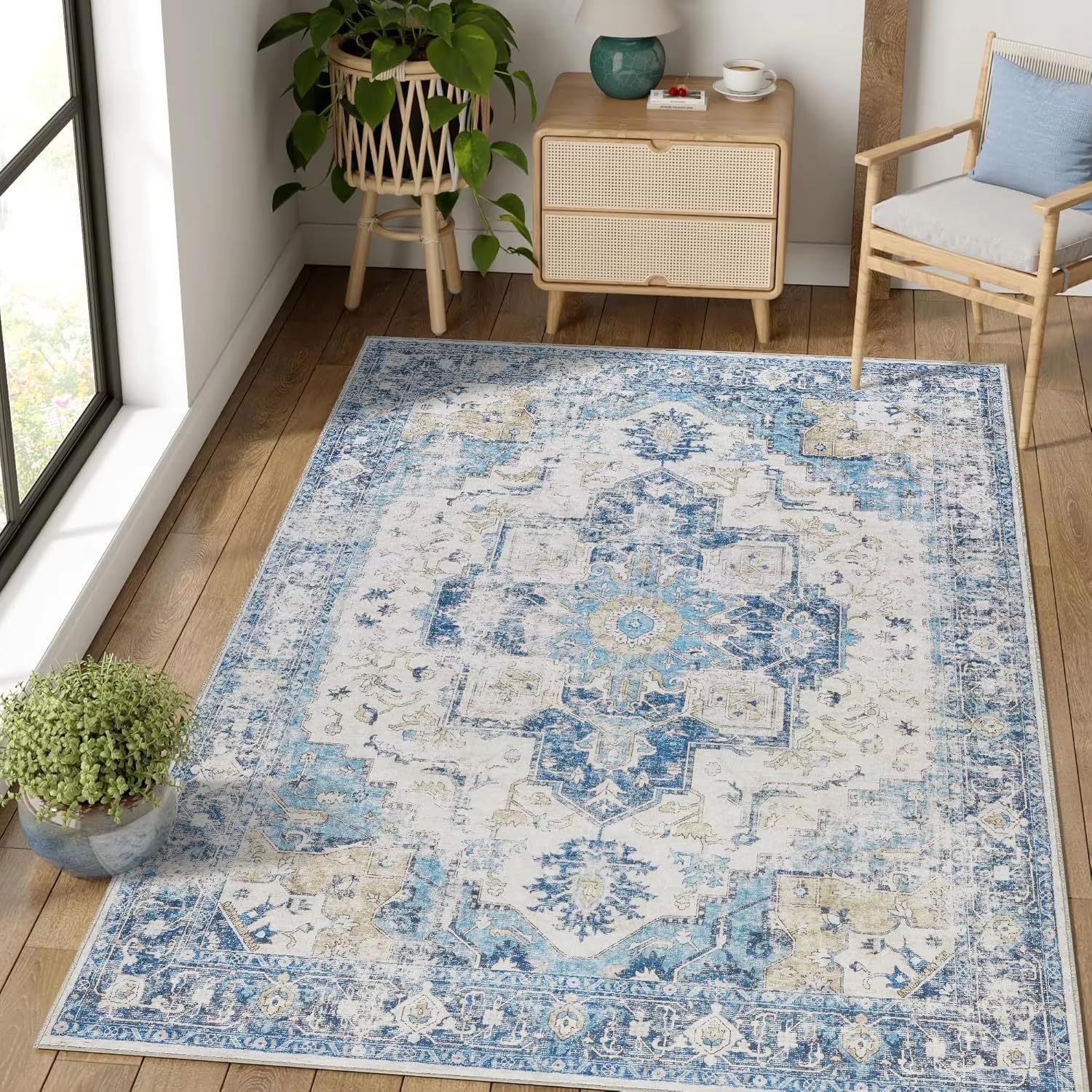 Grand tapis de sol ethnique lavable pour salon et chambre