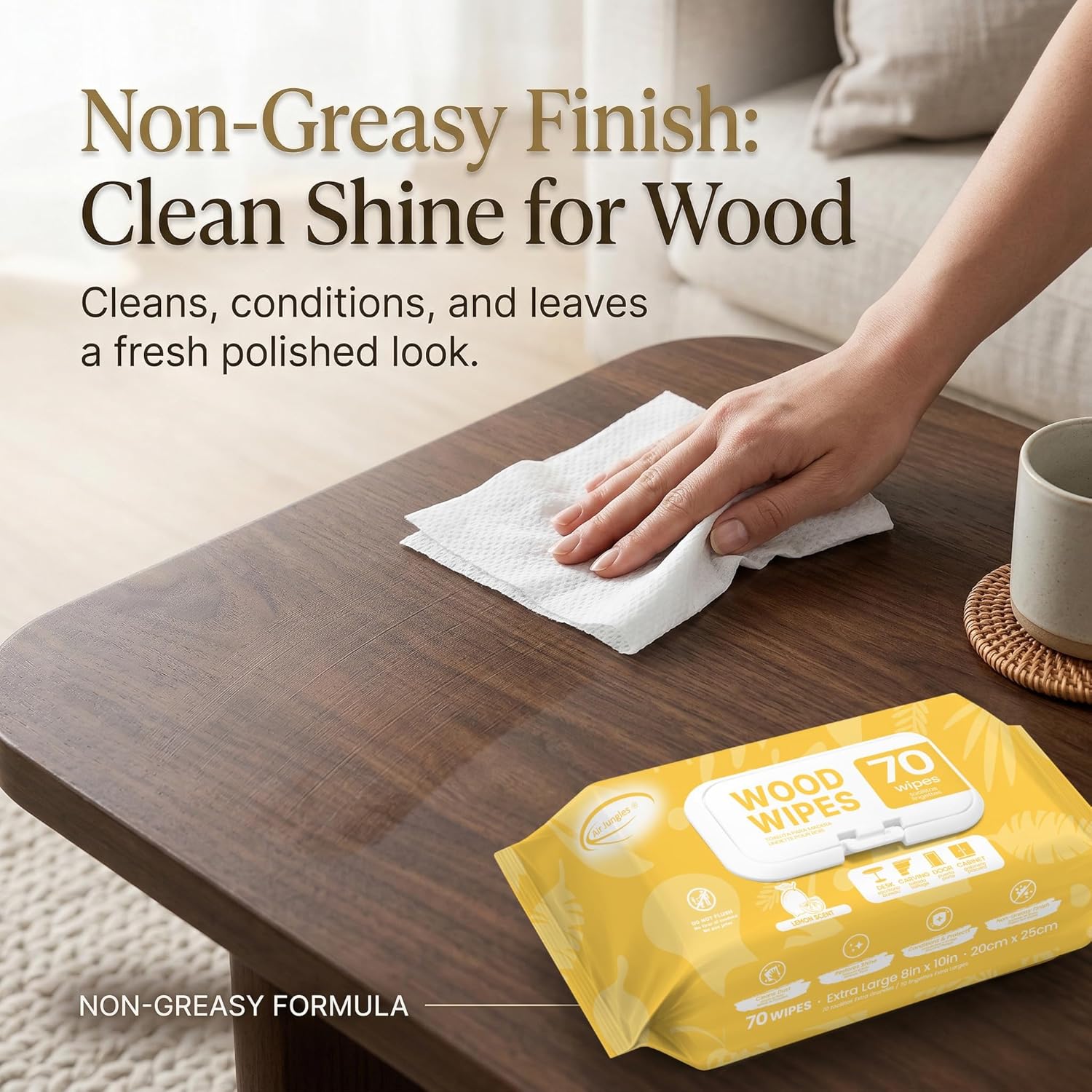 Air Jungles Wood Cleaner Wipes 70 Count (3 Packs), XL 8in x 10in, Clean Polish Protect Wipe for Wood Furniture, Tables, Cabinets, Remove Dust and Stains, with Vitamin E Gentle for Skin, Lemon Scent