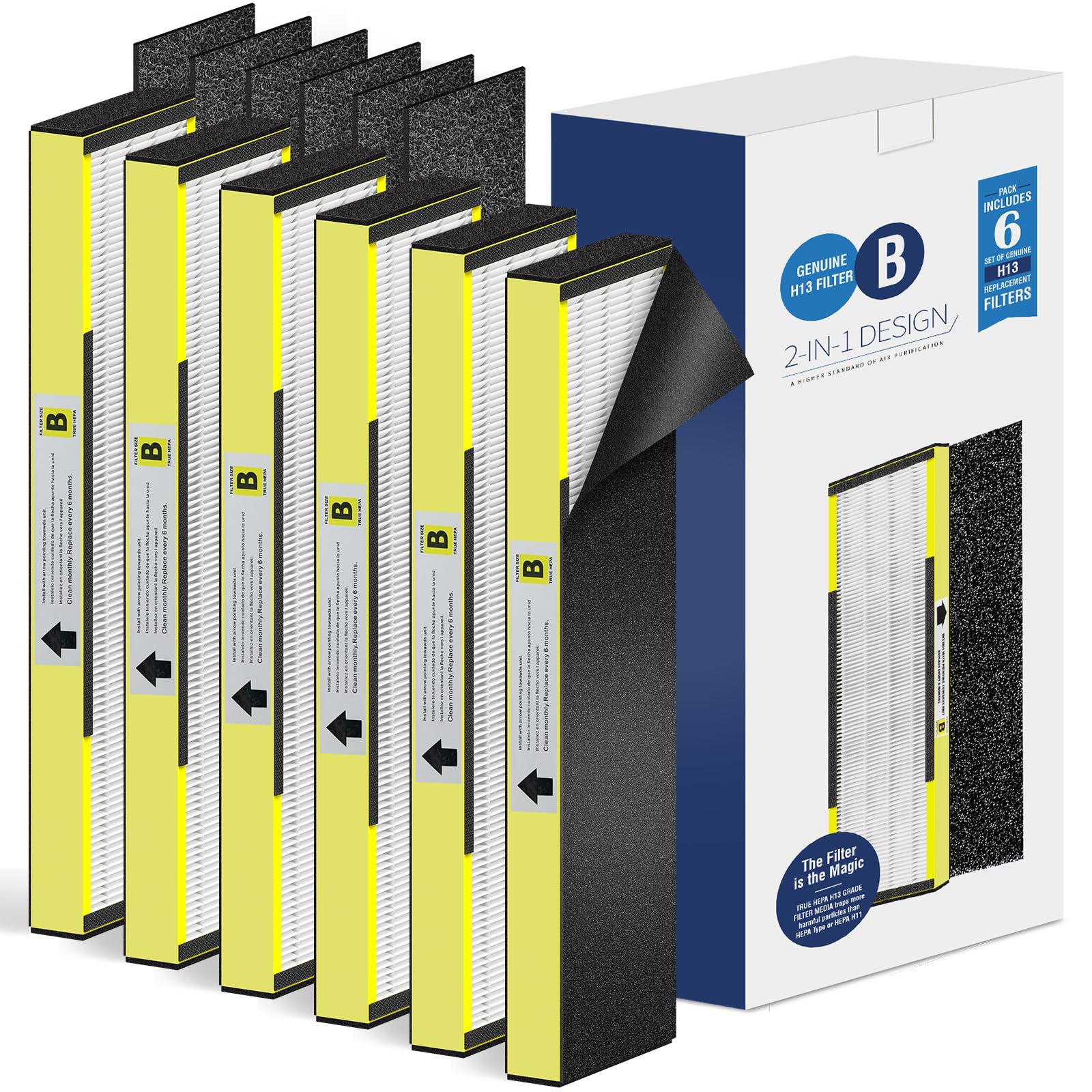 [ELOWOKE] 6-Pack FLT4825 HEPA Filter B Compatible with G??rm-Guardian Air Purifier Filter Replacement for Model AC4825 AC4300 and more, 6X H13 HEPA Filters & 12X Act?vated Carbon Pre-Filter