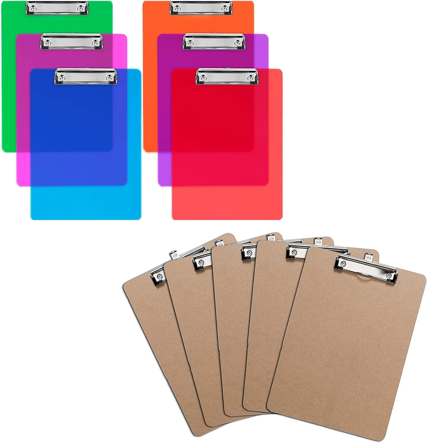 Bundle! Colored Assorted Acrylic Clipboards (Set of 6) + Brown Letter Size Clipboards (Set of 5)