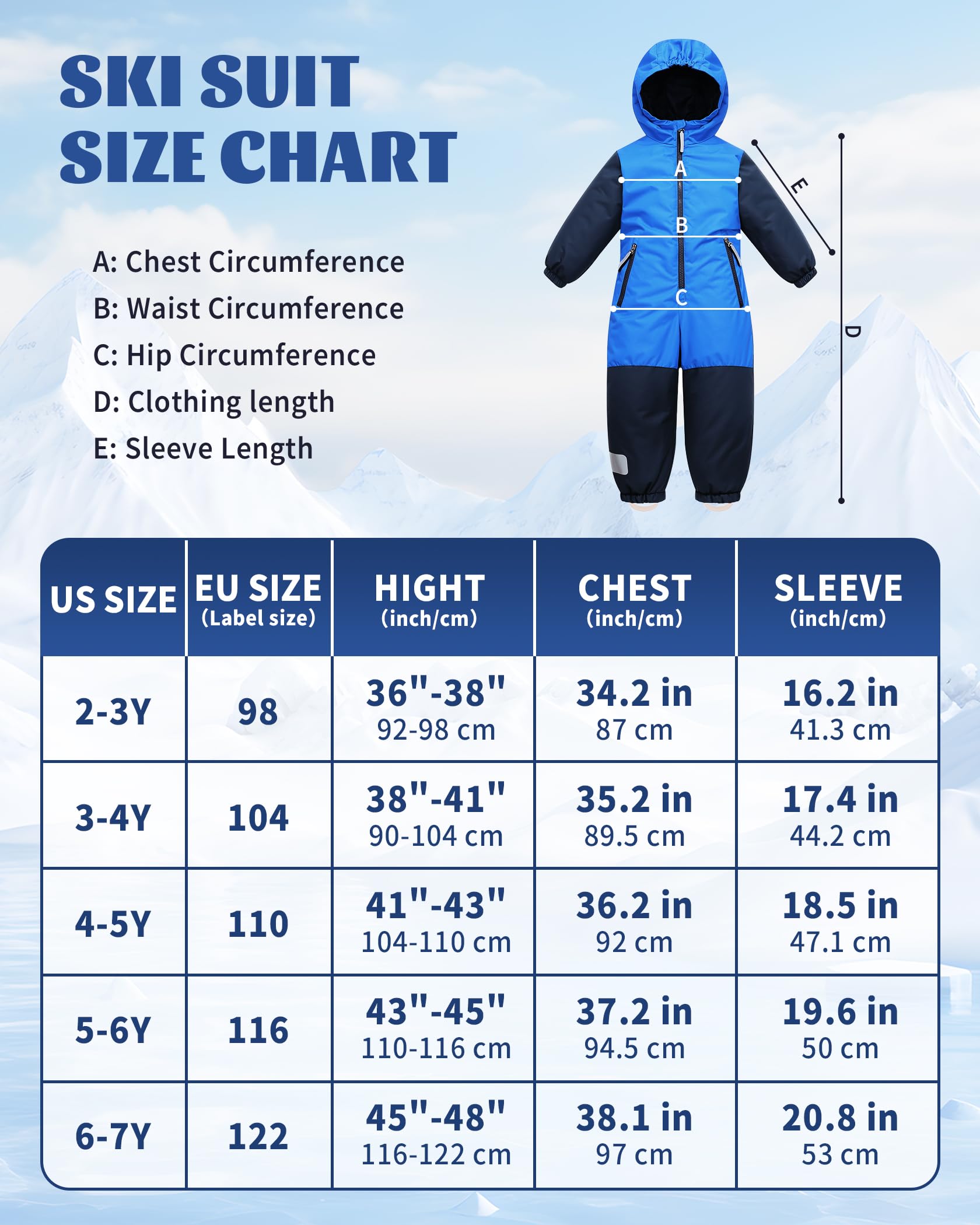 Owntop Mono de Nieve para Niños Unisex - Mono de Nieve Impermeable y Cortavientos para Niñas y Niños con Capucha y Cremallera, Tallas 98-122 cm