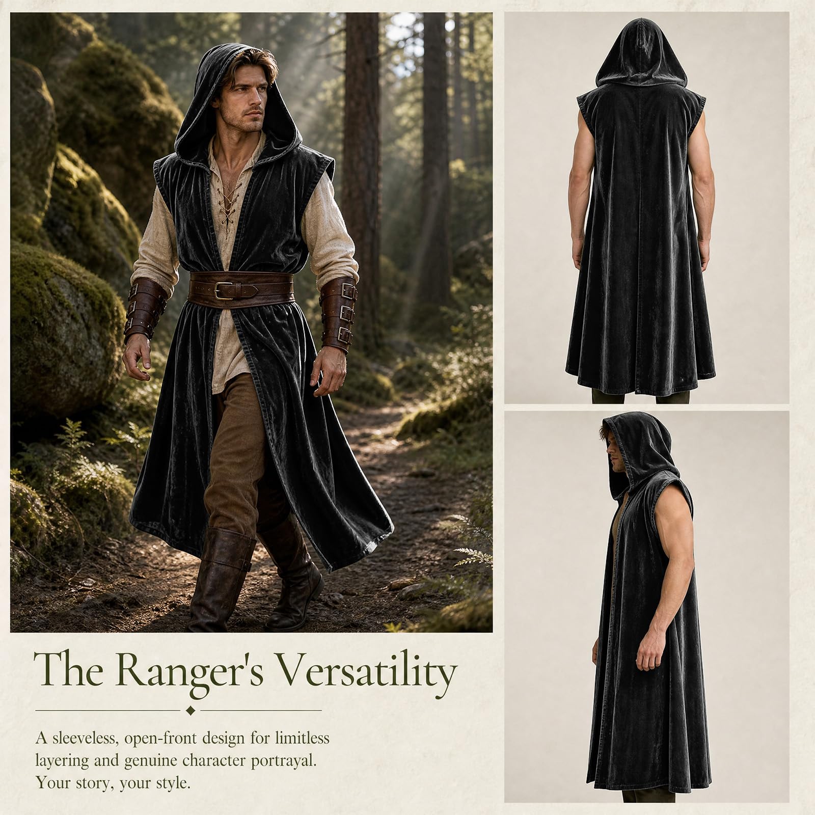 Mittelalterliche Kapuzenweste Herren Ärmelloser Umhang Renaissance Tabard Ärmellos Tunika Umhang Wikinger Kostüm Halloween Assassin Cosplay Gothic Wikinger Piraten Cosplay Kostüm