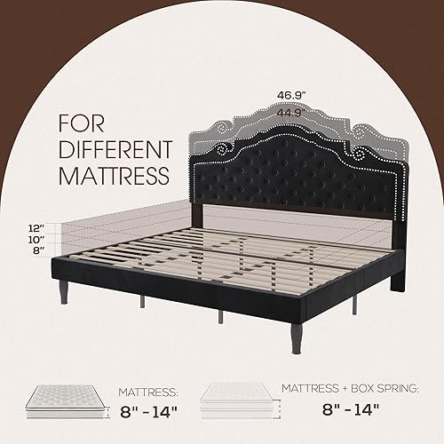 Miniatura 8 de WEEWAY Base de cama King con cabecero curvado de tiara ajustable y alta resistencia, tapizado de tela con botones de diamante con listones de