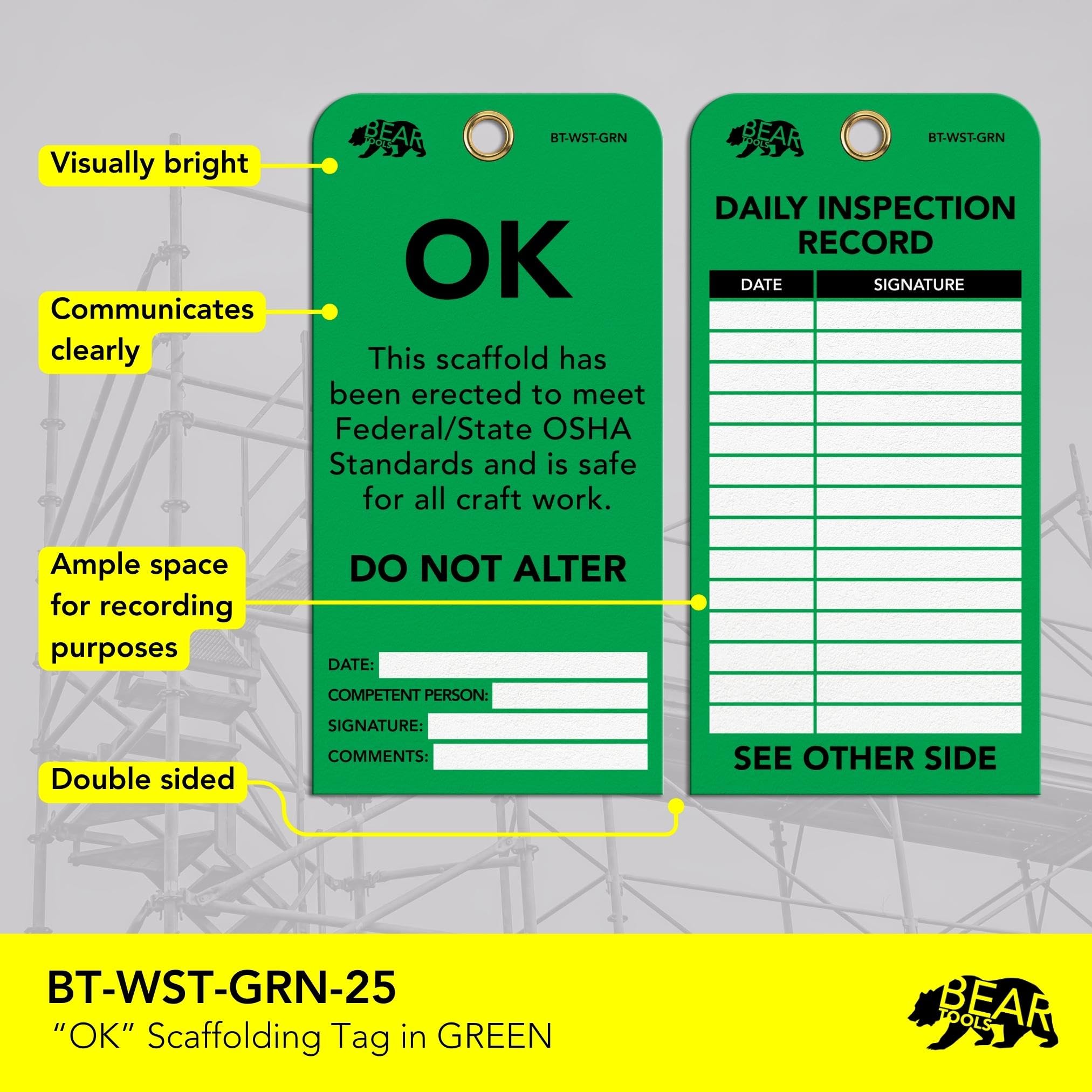 BearTOOLS Scaffold Tags - Safety Inspection Kit with Cable Ties - OK Scaffold Status Warning Sign - Laminated 3 x 6 in, Pack of 25 - Weatherproof, Tear-Resistant - Green Tags — Amazon image 3