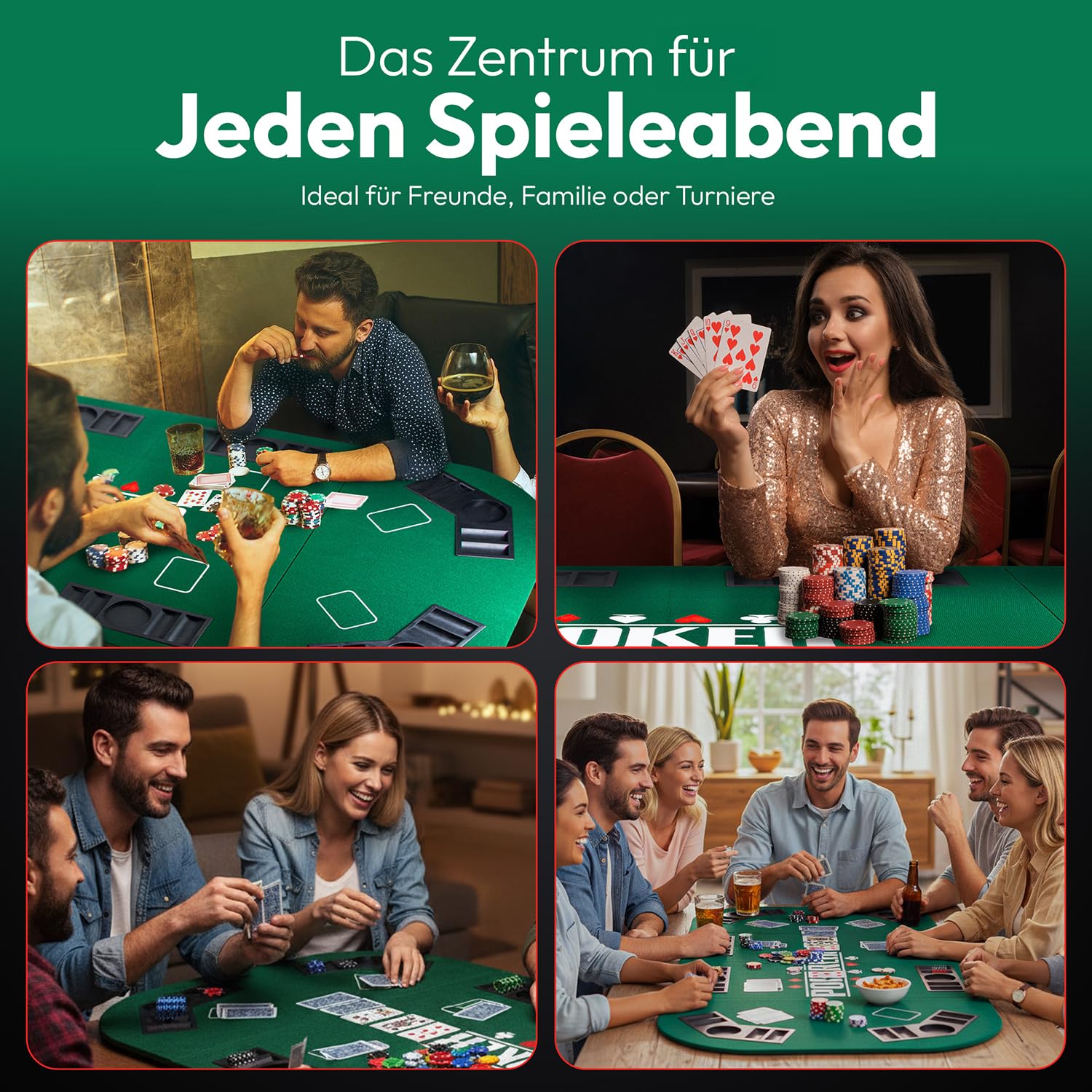 GOODS+GADGETS XXL Pokertisch-Auflage 160 x 80 cm Faltbare Pokerauflage mit Filz, 8 Getränkehaltern, Grün