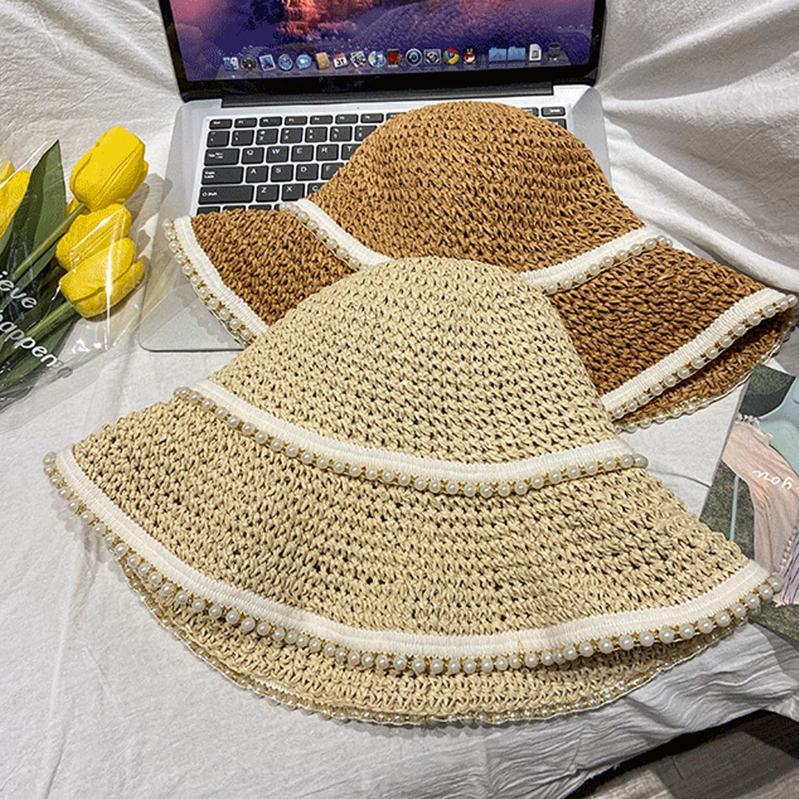 YUONNY Cappello di Paglia con Perline, Cappello da Sole, Cappello Boater con Protezione Solare, Cappello da Spiaggia E da Viaggio da Donna,Beige,Children's 52 cm