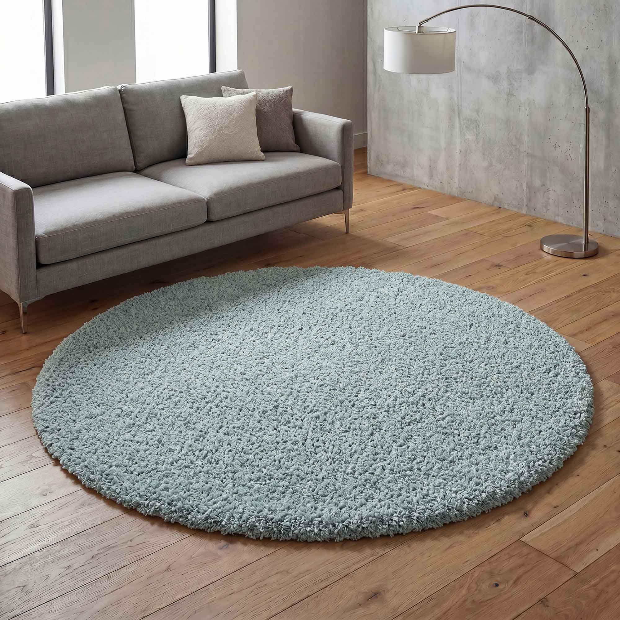 Ainsley Plain Soft Shaggy Modern Living Room Area Rug, Duck Egg, 120x120cm