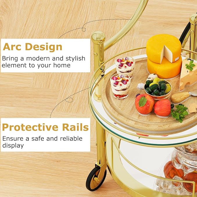 Carrito Bar Tangkula, 3 Niveles con Estantes Espejados y 4 Ruedas, Dorado miniatura 7
