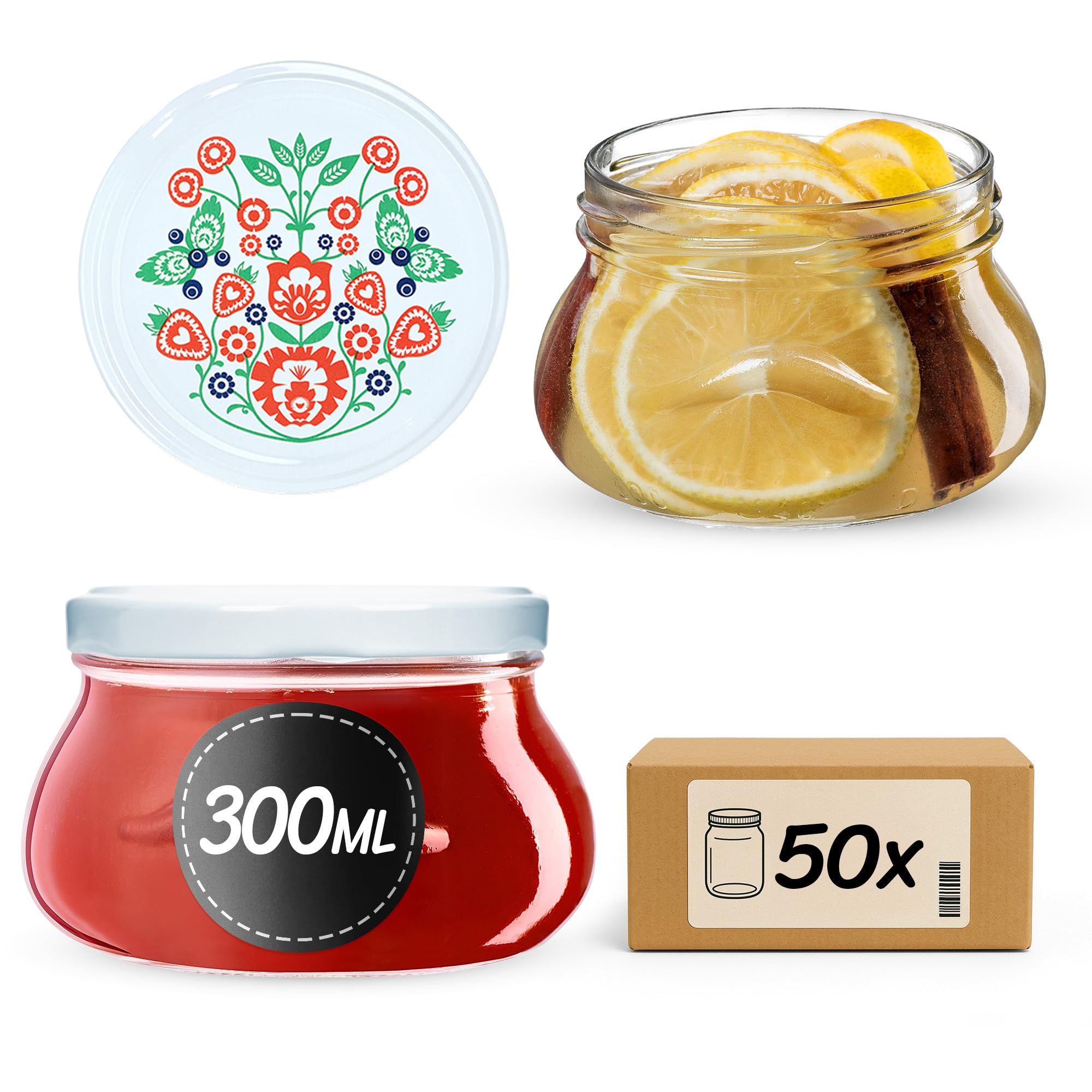 KADAX Juego de 50 tarros para mermelada, 300 ml, TO82, tarros con tapa de rosca, tarros herméticos, miel y mermelada