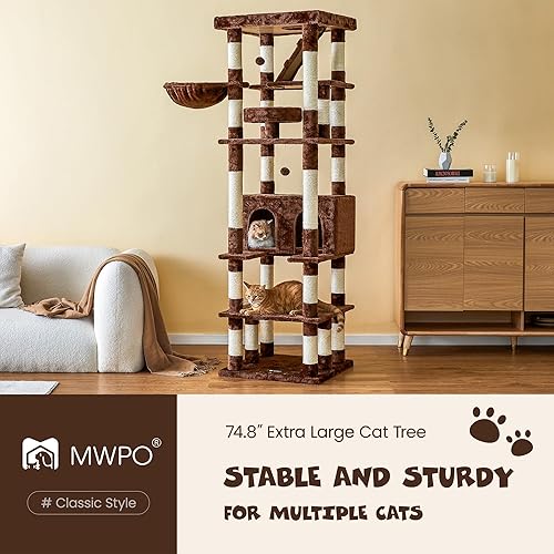 Miniatura 2 de MWPO Árbol grande para gatos de 74.8 pulgadas con postes rascadores cubiertos de sisal y condominio, torre alta para gatos, muebles de