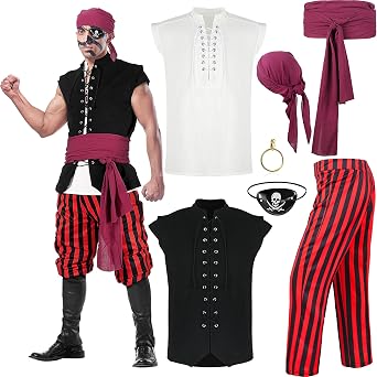 7 Pcs Mens Pirate Costume Outfit Halloween with Renaissance Viking Pirate Shirt Medieval Vest Pants Bandana Sash