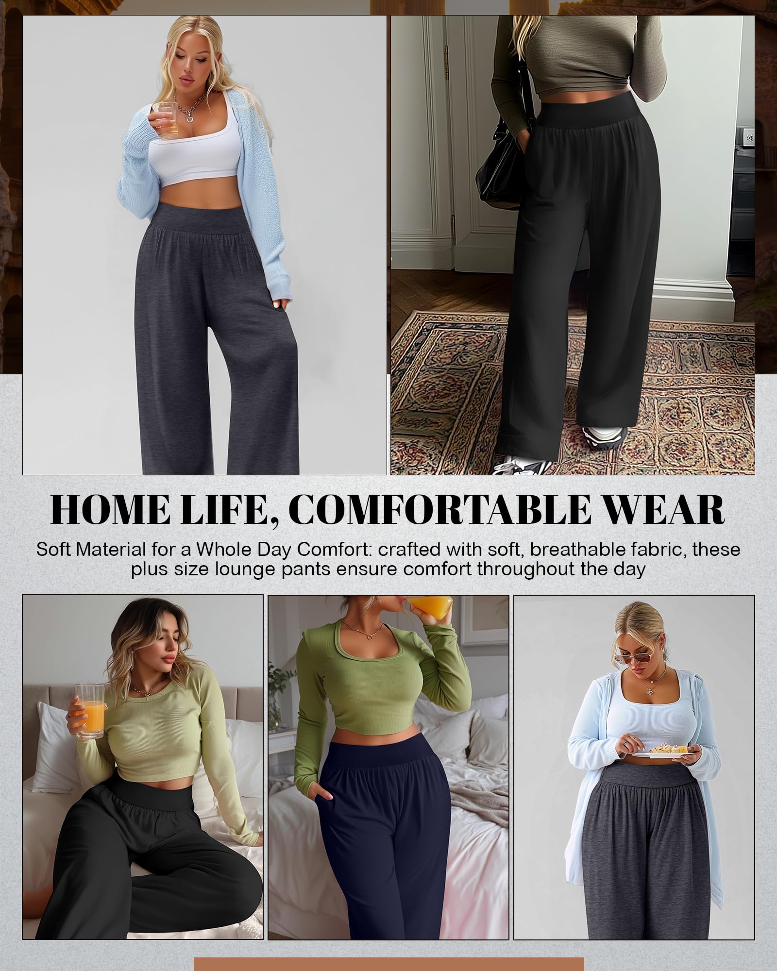 Neer Lot de 3 pantalons de yoga à jambes larges pour femme - Taille haute - Pantalon de survêtement Palazzo avec poches, Noir, gris foncé, bleu marine, Taille XL