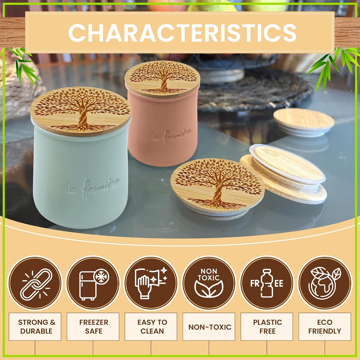 La Fermiere Yogurt Jar Lids Bamboo-Tree of Life 12 Lids/Labels/More Gaskets image 4