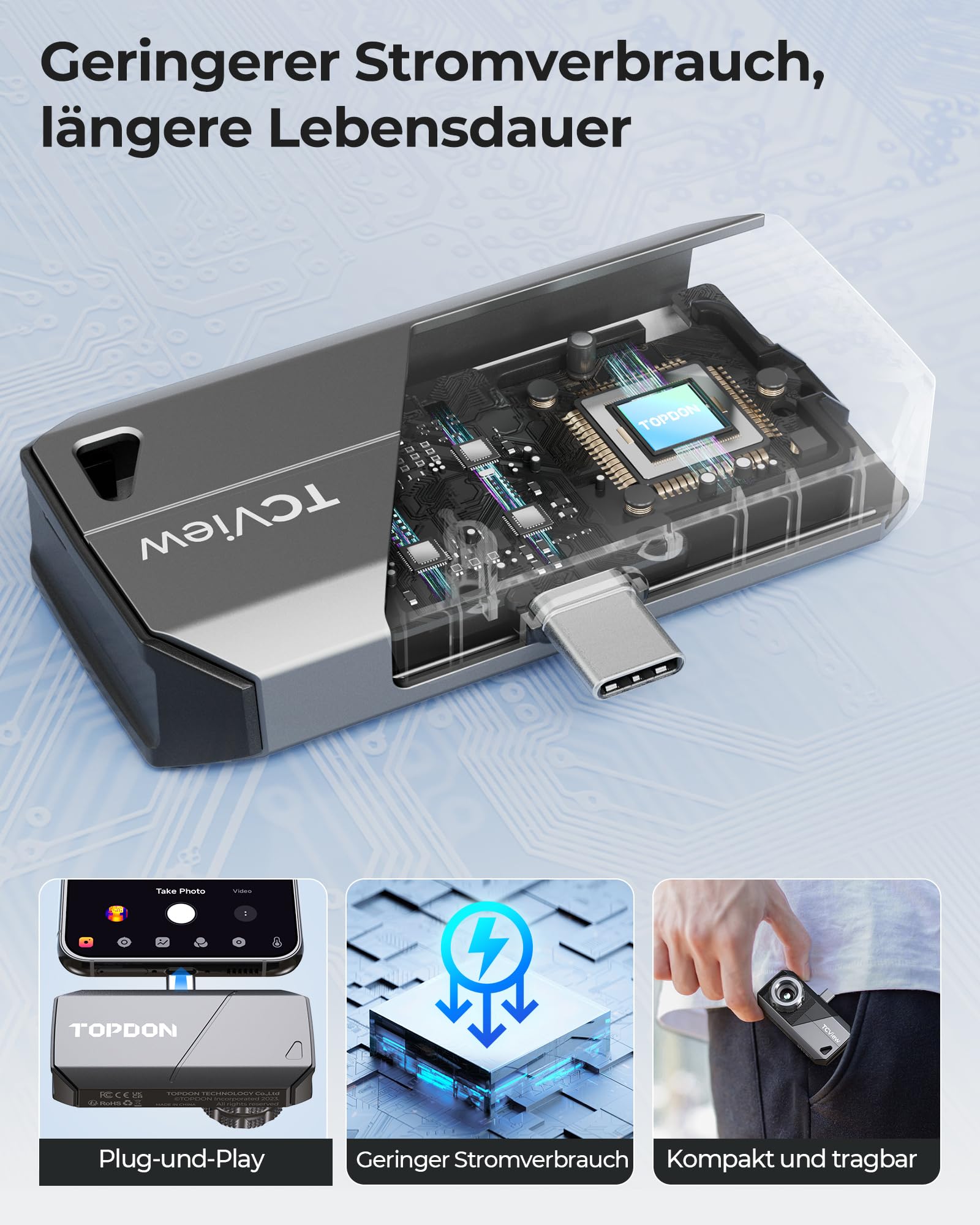 TOPDON TS001 Wärmebildkamera Android, 9mm einstellbares Objektiv, Beobachtungsbereich 0,1 bis 500M, 512 x 384 IR-Auflösung, Manuell fokussierende für Leiterplatten, Schädlingsinspektion, Outdoor, Jagd