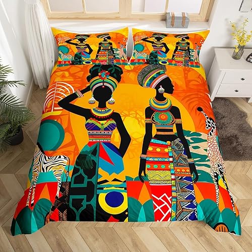 Feelyou Juego de ropa de cama de mujer negra étnica afro africana, juego de funda de edredón tradicional exótica, funda de edredón tribal, 1 funda