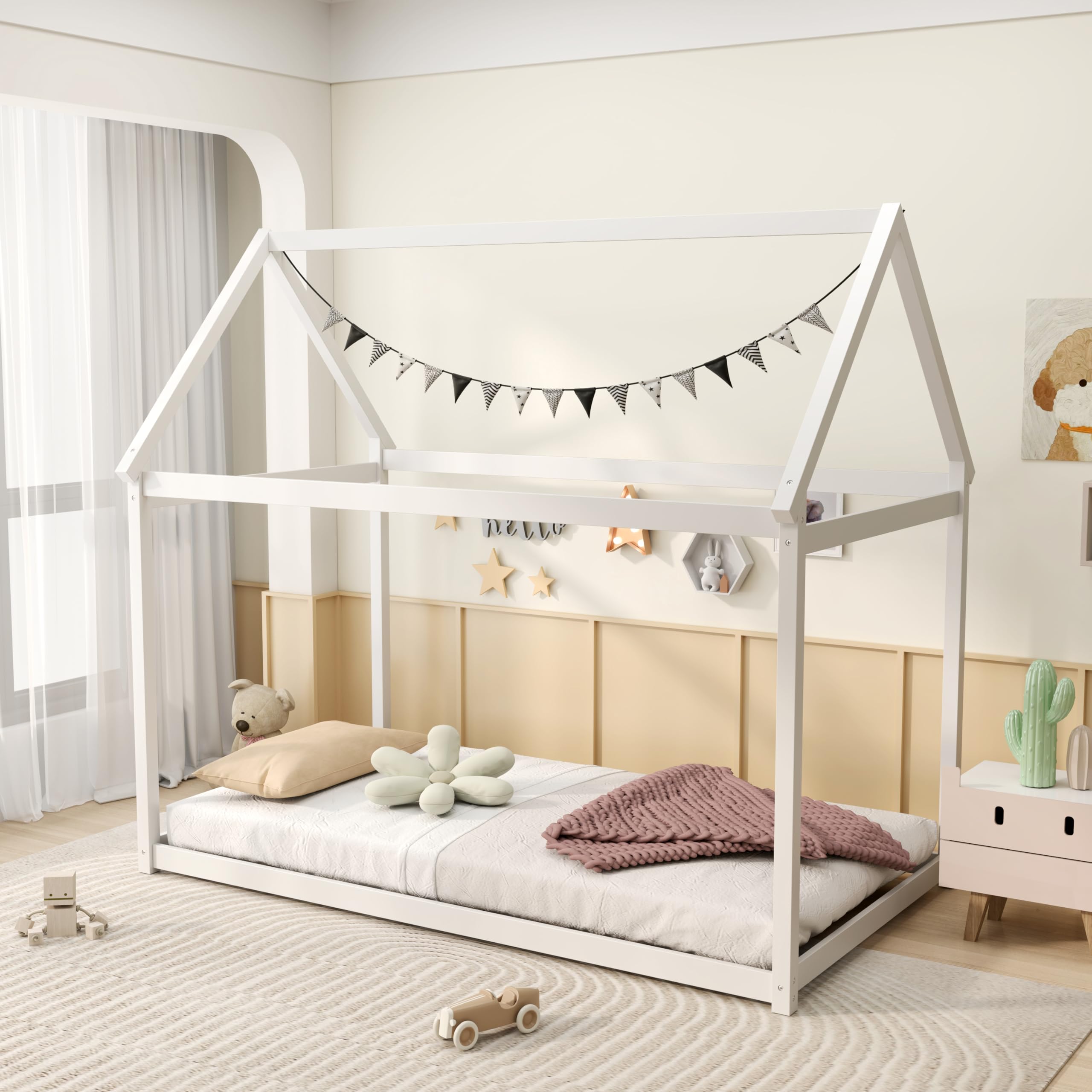KOMFOTT Twin House Bed Frame for Kids, Solid Wood Kids Platform Floor Bed with Roof & Multiple Slats, Toddler Floor Tent Bed Frame for Girls Boys, No Box Spring Needed (White)
