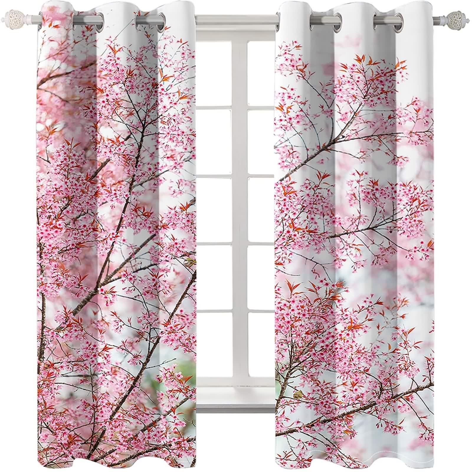 Rideaux Fenetre Chambre, Rideau Anniversaire Rose Marron Polyester Branches et Fleurs Roses 96L x 229H CM Lot de 2