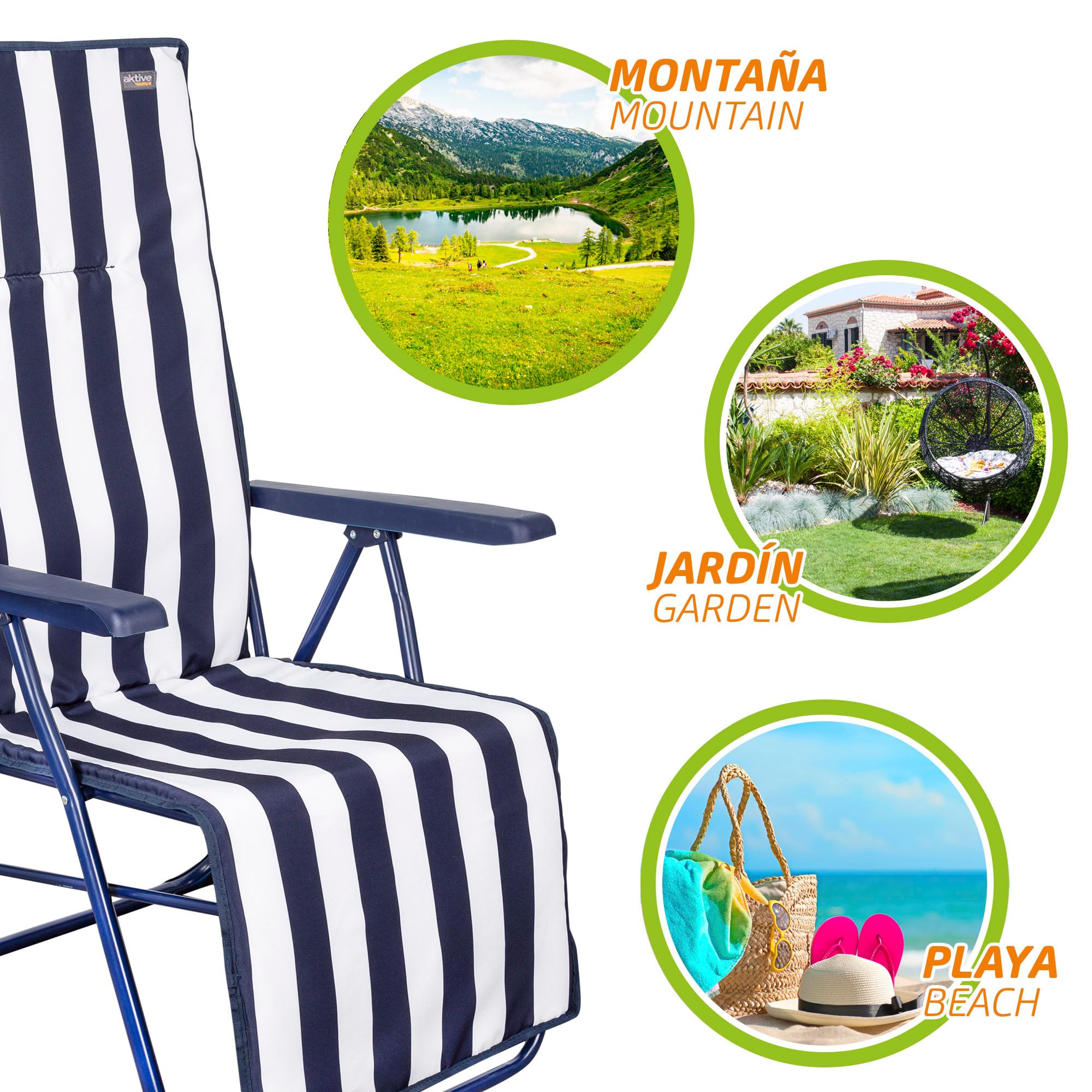 AKTIVE Lot de 2 Bains de Soleil pliants à Rayures Nautiques, 147x48x70 cm, Structure en Acier Ø22 mm, Assise rembourrée en térylène avec éponge, inclinable 5 Positions, Camping
