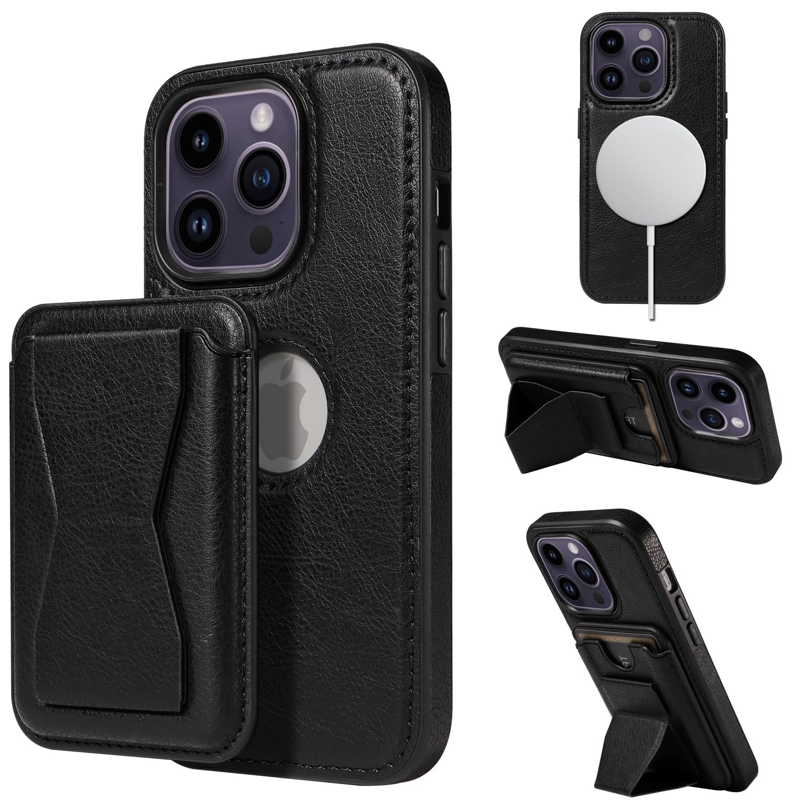 for iPhone 15 Pro Case Leather, 2 in 1 Detachable,Compatible with MagSafe,with Card Holder, PU Leather Kickstand Card Slots Case 6.1" Black