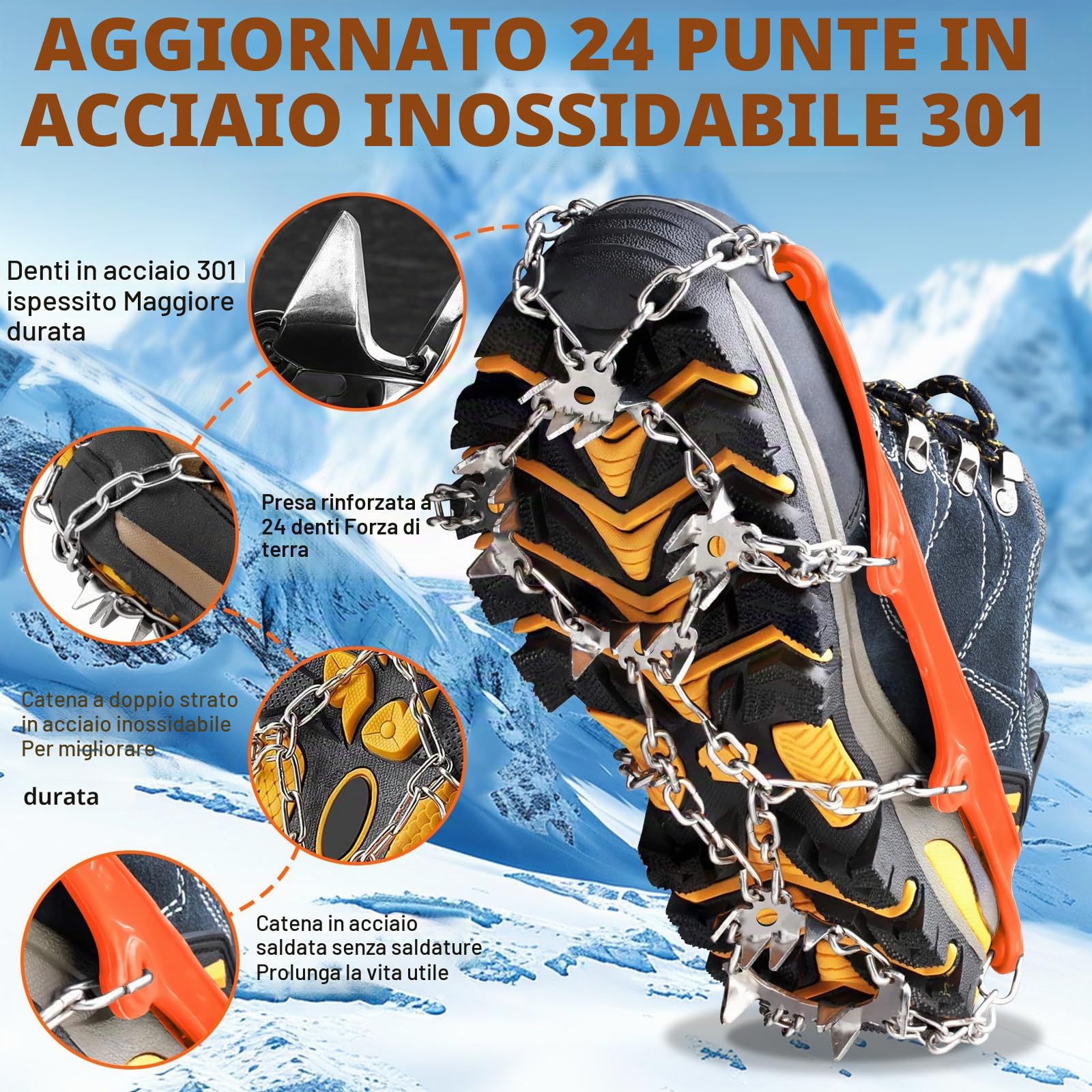 Ramponi per Scarponi,Ramponi da Ghiaccio per Scarponi,24 Denti,Portatile Ramponcini,per trekking invernale,Trekking Trail Running da Antiscivolo,Camminare su Neve e Ghiaccio Campeggio