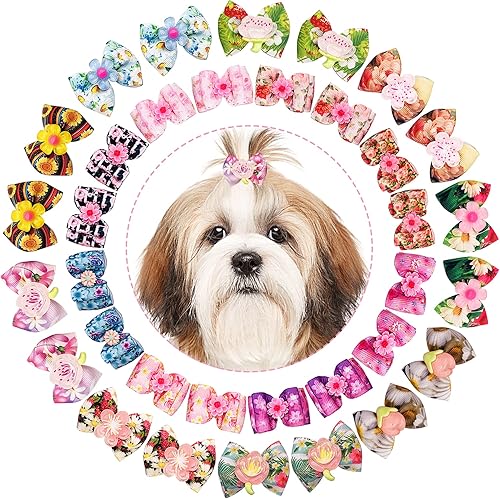 Miniatura 2 de 50 unidades25 pares de lazos para el pelo de perro con banda de goma, patrón floral de primavera para niñas, hembra, gato, conejo, cachorro,