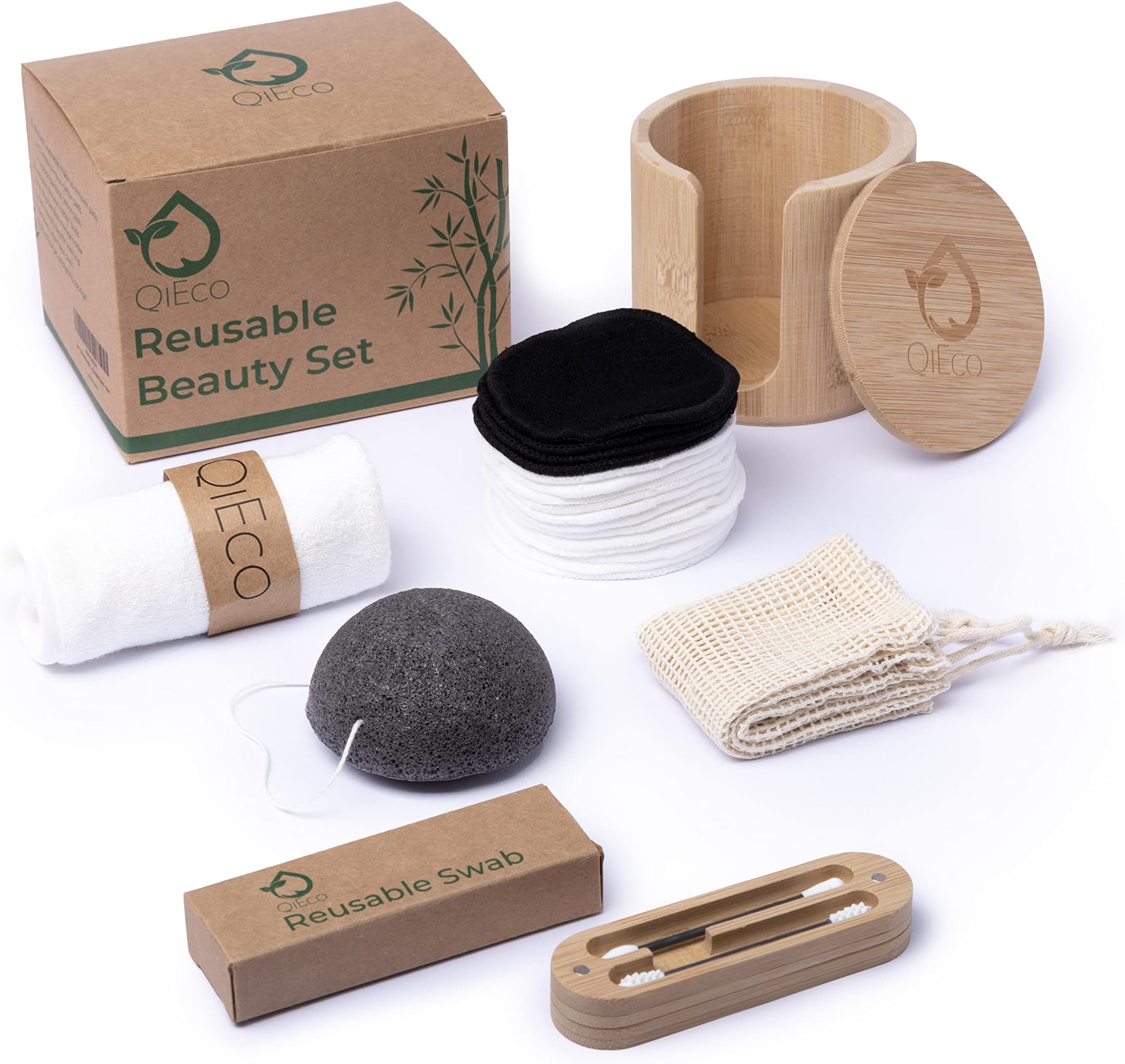 Sustainable Beauty Set, Reusable Makeup Remover Pads | Reusable Cotton Buds | Konjac Sponge | Face Cloth| Bamboo | Storage Box | Laundry Bag | Eco Friendly Gifts | Zero Waste | Vegan Gifts For Women