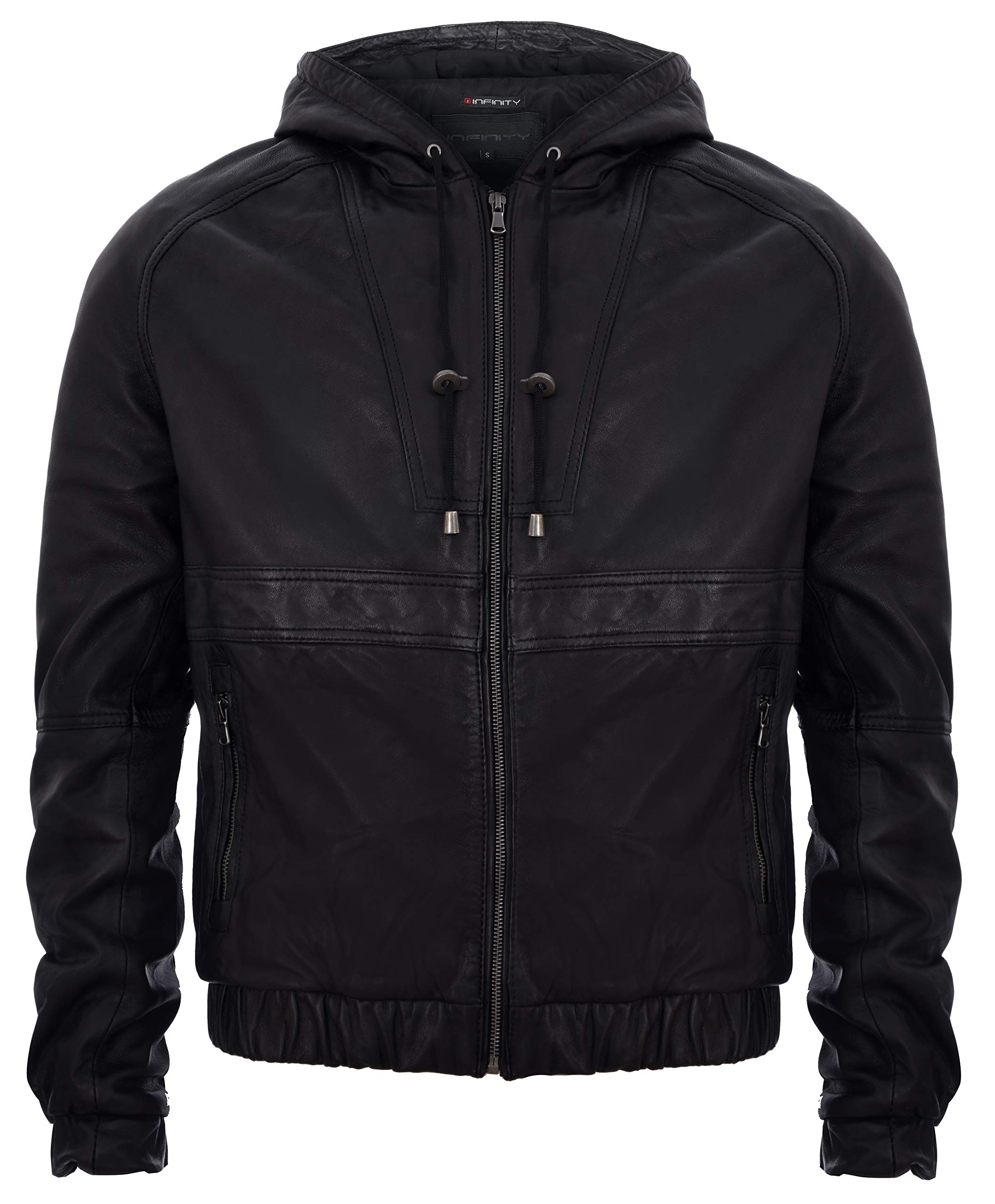 Infinity Leather Men's Black Casual Nappa Leather Biker Jacket With Hood 5XL