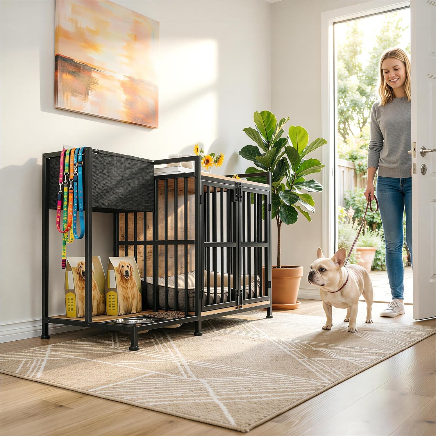 AFLUI 25.8'' Dog Crate Furniture with Built-in Feeding Station and Storage Bag, Wooden Pet Crate End Table with Double Front Doors for Small/Medium Dogs, Rustic Brown