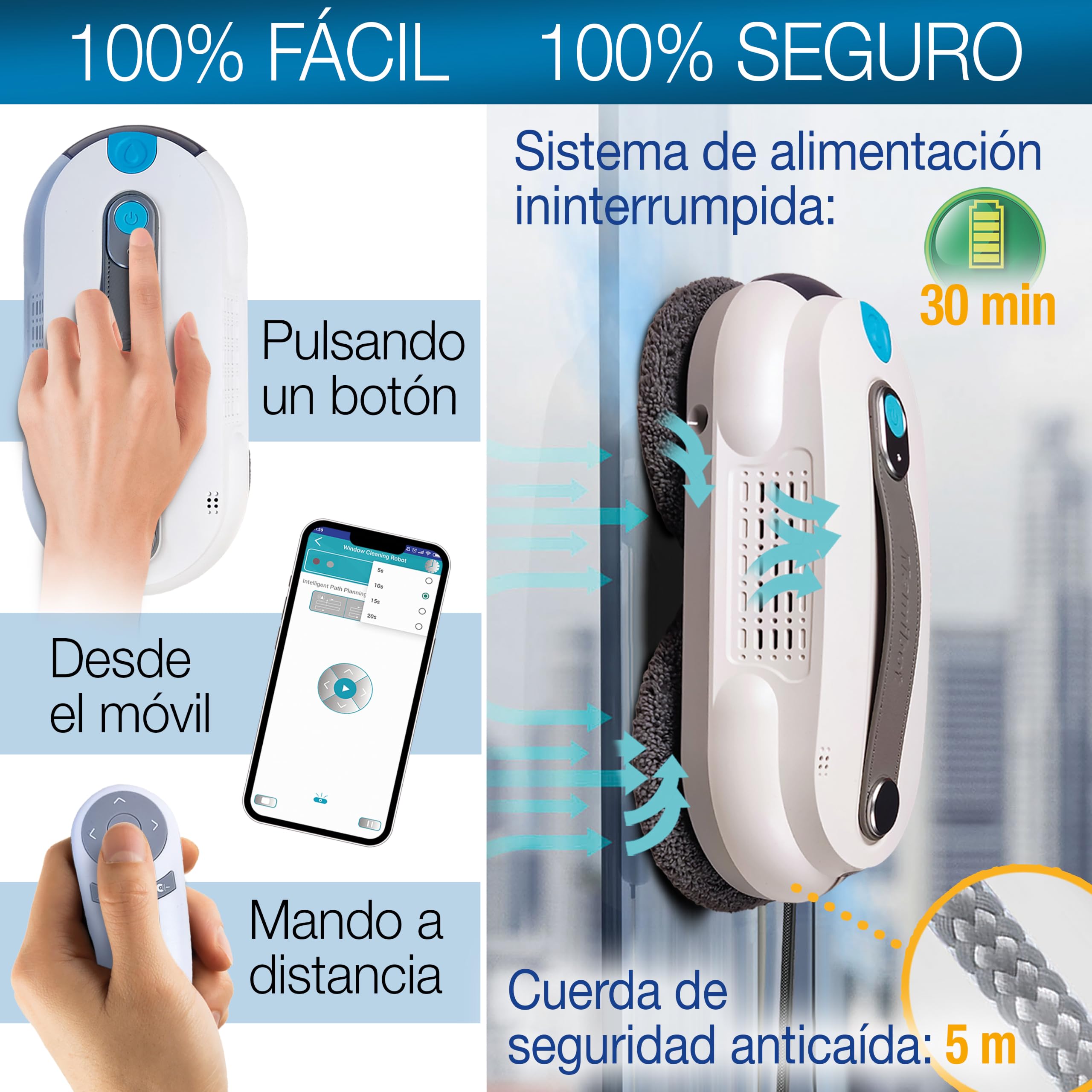 CRYSTAL POWER Robot Limpiacristales con doble pulverizador. Limpia las ventanas por ti. Totalmente autónomo. 100% seguro. Interiores y exteriores. Con y sin agua. Sencillo, rápido y silencioso.