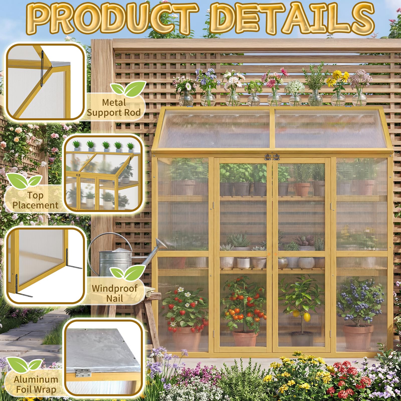 Invernadero de madera con marco frío con techo transparente abatible, armario de invernadero de madera maciza, protección de plantas de flores elevadas para exteriores e interiores, natural