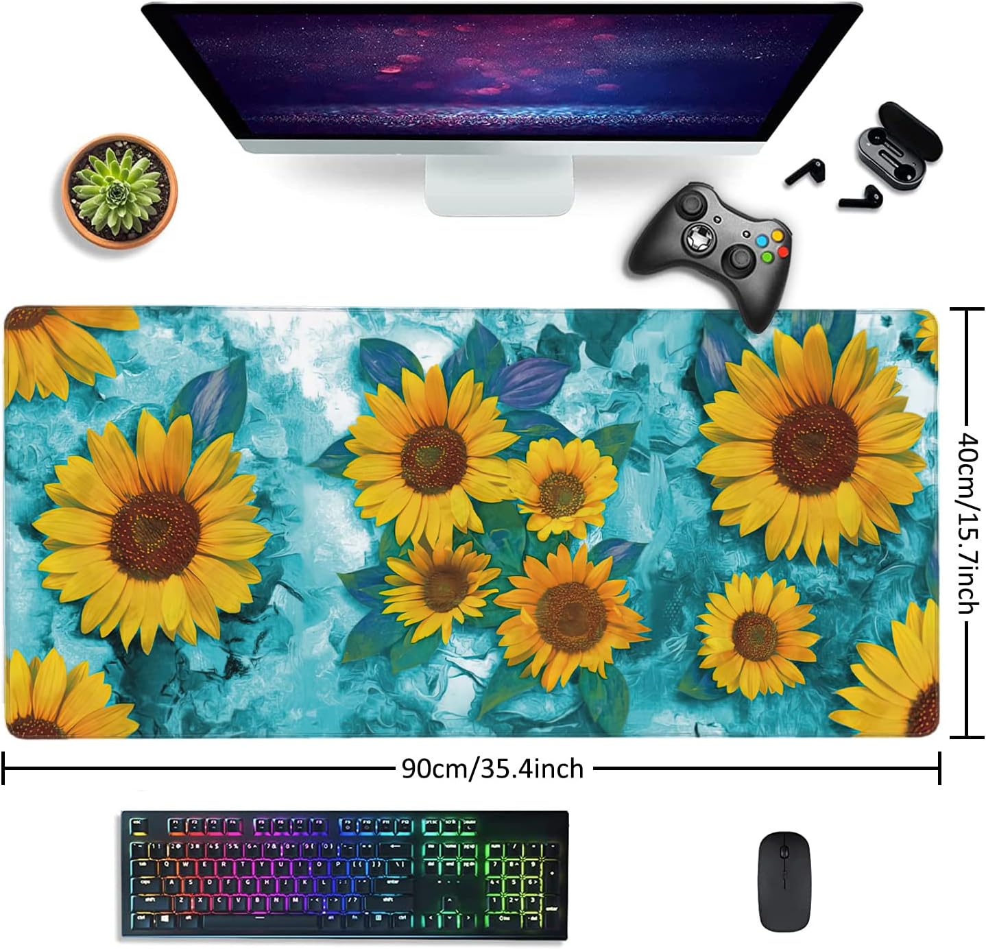 Modern Abstract Art Sunflowers Gaming Mouse Pad XXL Large Desk Mouse Pad Keyboard Mat with Stitched Edges Waterproof Non-Slip Desk Mat for Laptop,Keyboard,Computer 35.4 * 15.7 Inch image 2