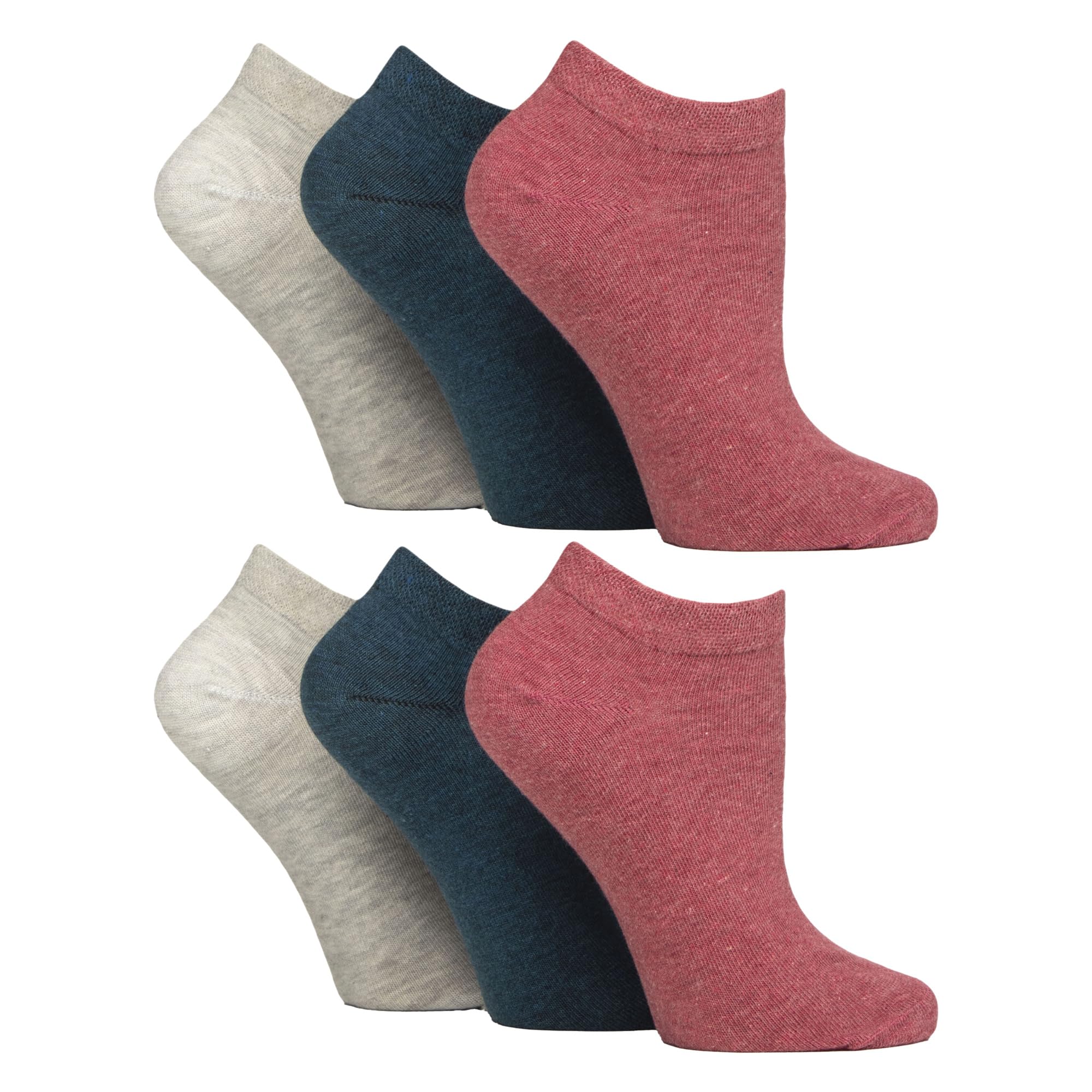 Gentle Grip Unisex Coral /Grey /Teal 6 Pack Ladies Trainer Cotton Rich Socks