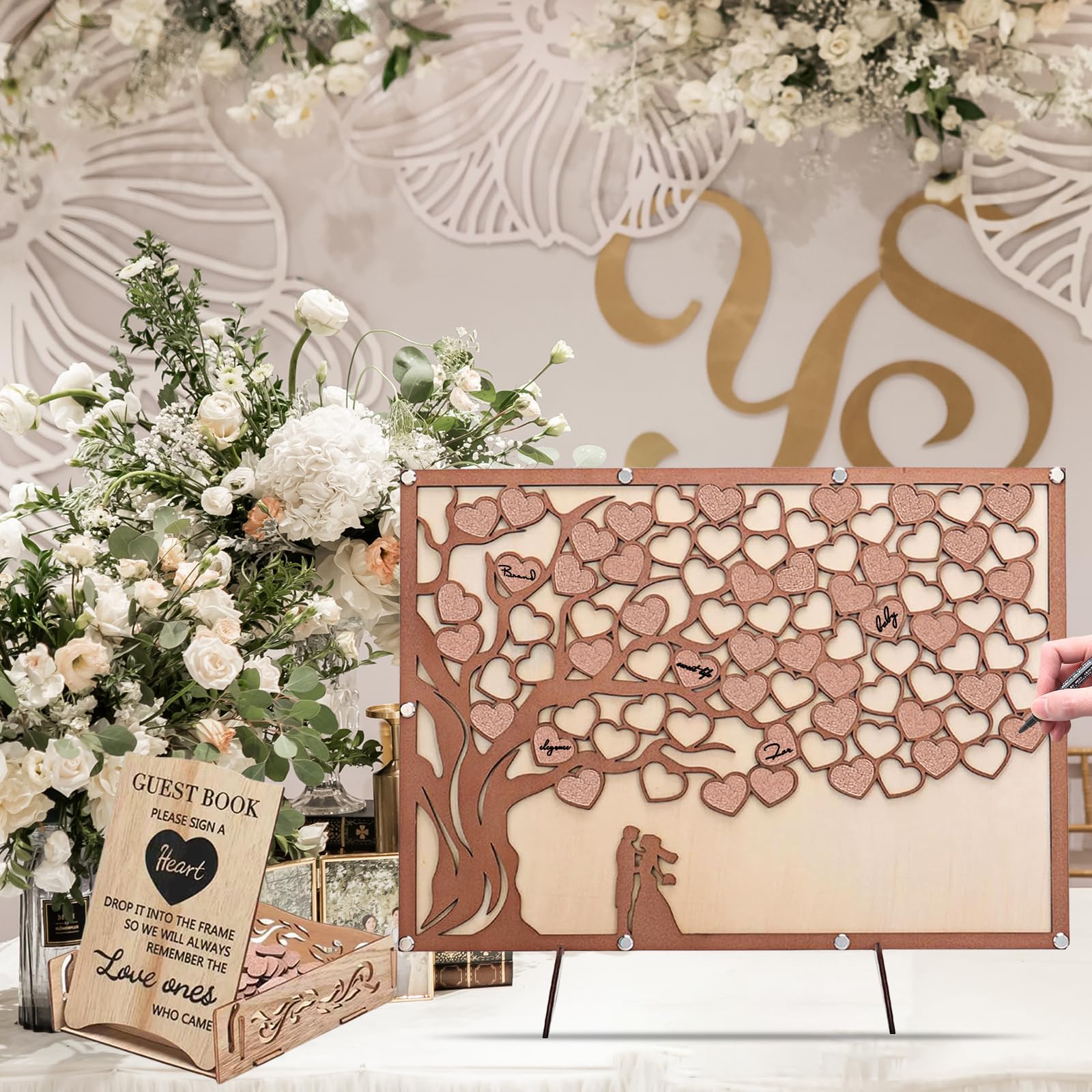 Madera Libro De Visitas,27 * 37CM Libro De Firmas Bodas Con Un Bolígrafo,Libro De Invitados De Boda,Libro De Visitas Boda Corazón Para Boda,Aniversario,Fiesta De Cumpleaños