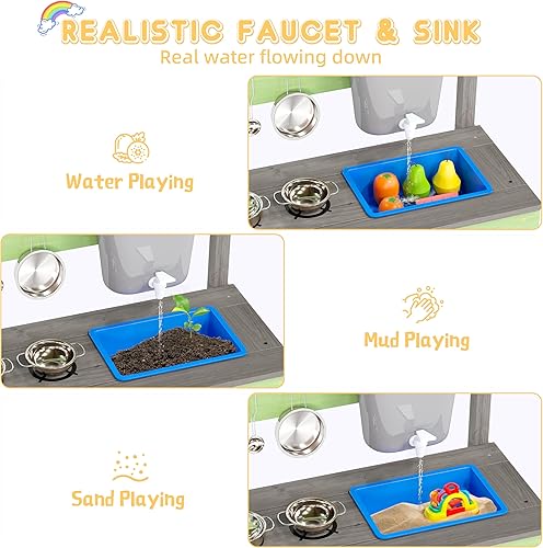 Miniatura 4 de Cocina de madera para niños, cocina de barro al aire libre con juego de agua y juguetes de cocina, juego en el patio trasero para niños de más de 3
