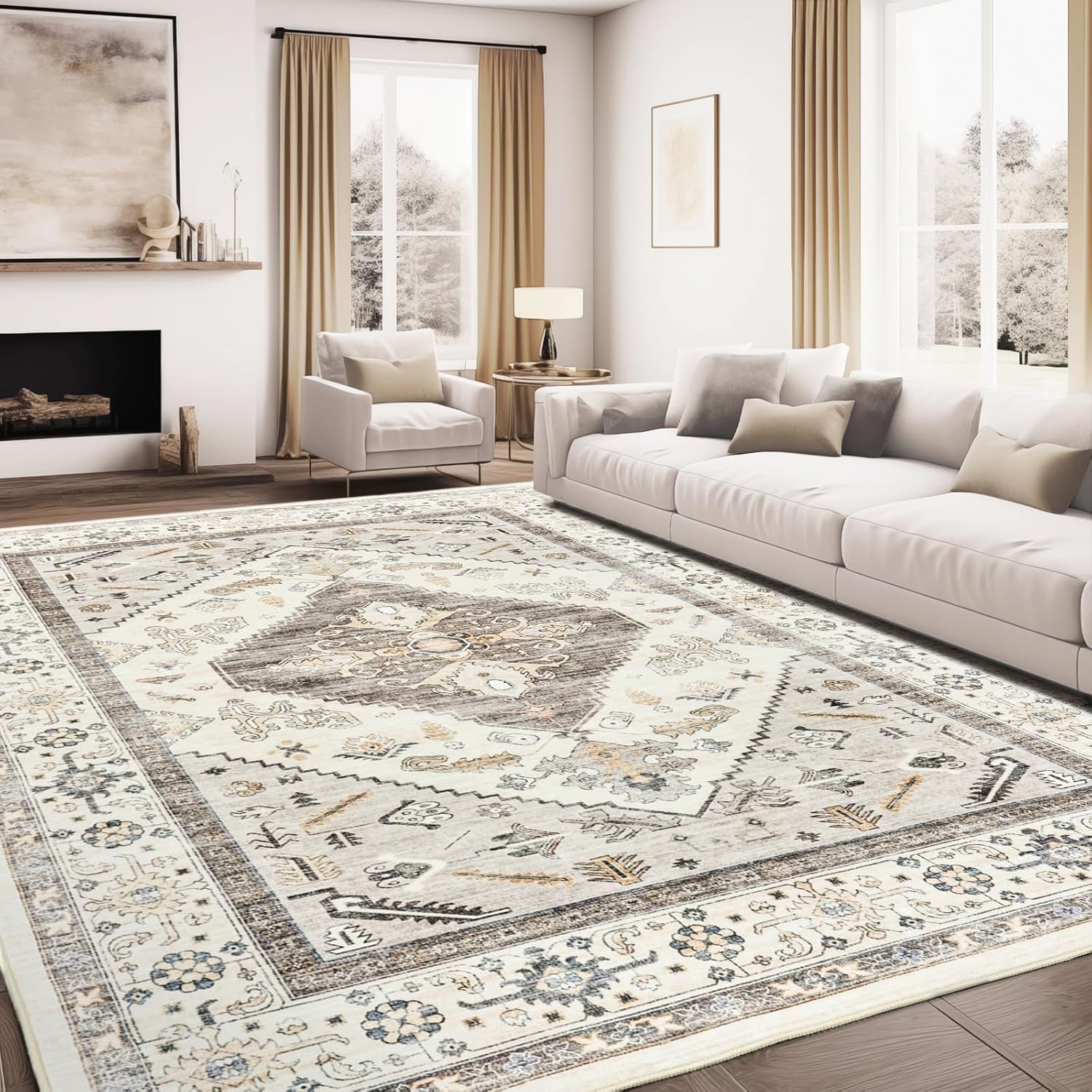 8x10 Area Rugs for Living Room, Washable Rugs with Non-Slip Backing, Super Soft Thin Large Rug for Nursery Room, Dining Room, Office, Vintage Neutral Area Rug (Beige/Grey/Brown, 8'x10')