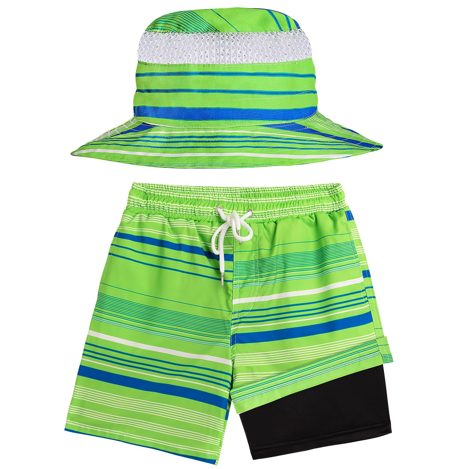 Boys Swim Trunks with Sun Hat Compression Liner Swim Shorts Quick Dry Beach Short Breathable Bucket Hat Set for 3-14 Years