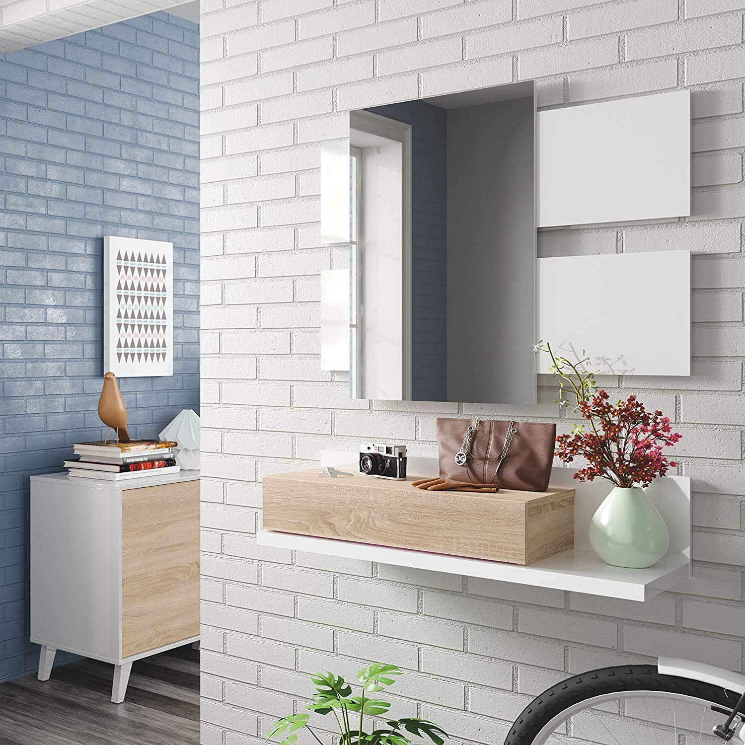 Mobelcenter, Mueble Recibidor y Entrada Moderno con cajón y Espejo, Color Roble Canadian y Blanco Artik, Medidas: Ancho: 75 cm x Alto: 116 cm x Fondo: 29 cm (0900)