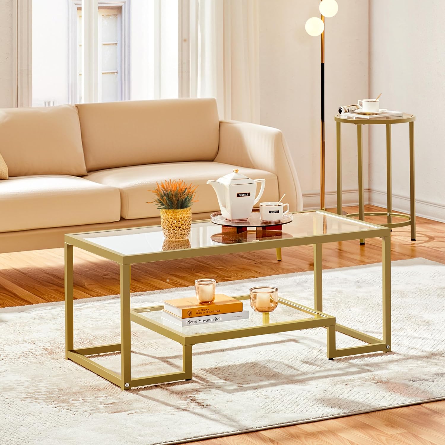 Topeakmart Glass Coffee Table, Rectangular Coffee Table with Glass-Top, Simple Center Coffee Tables with Metal Frame & 2 Shelves for Living Room Home Office, Gold
