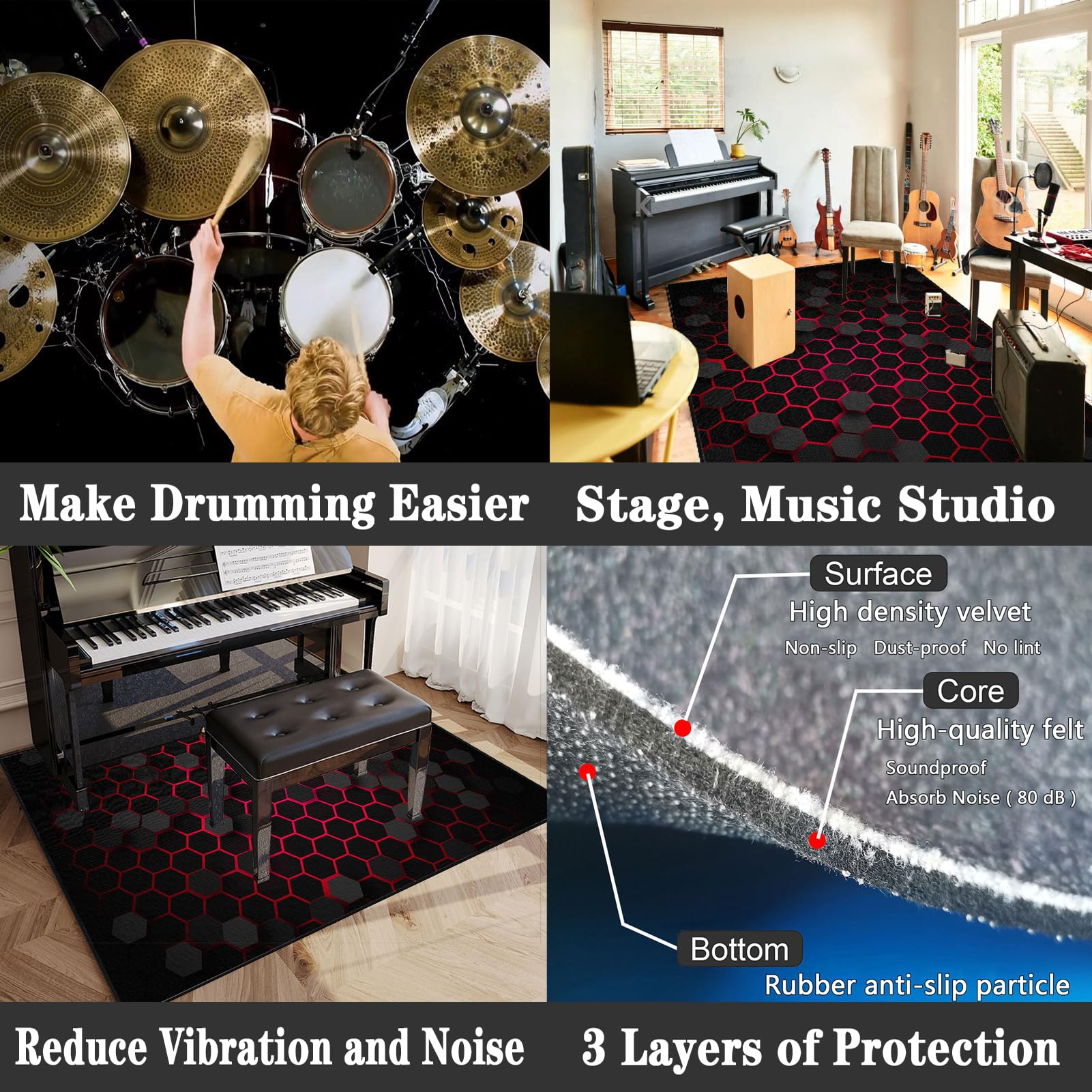 Drum Teppich Schlagzeugteppich 140 x 120 cm Trommelteppich Schallschutz Akustik Schlagzeug Teppich Professionelles rechteckiges Elektronisches Jazz Schlagzeug Kit Drumteppich für Studio, Wohnung