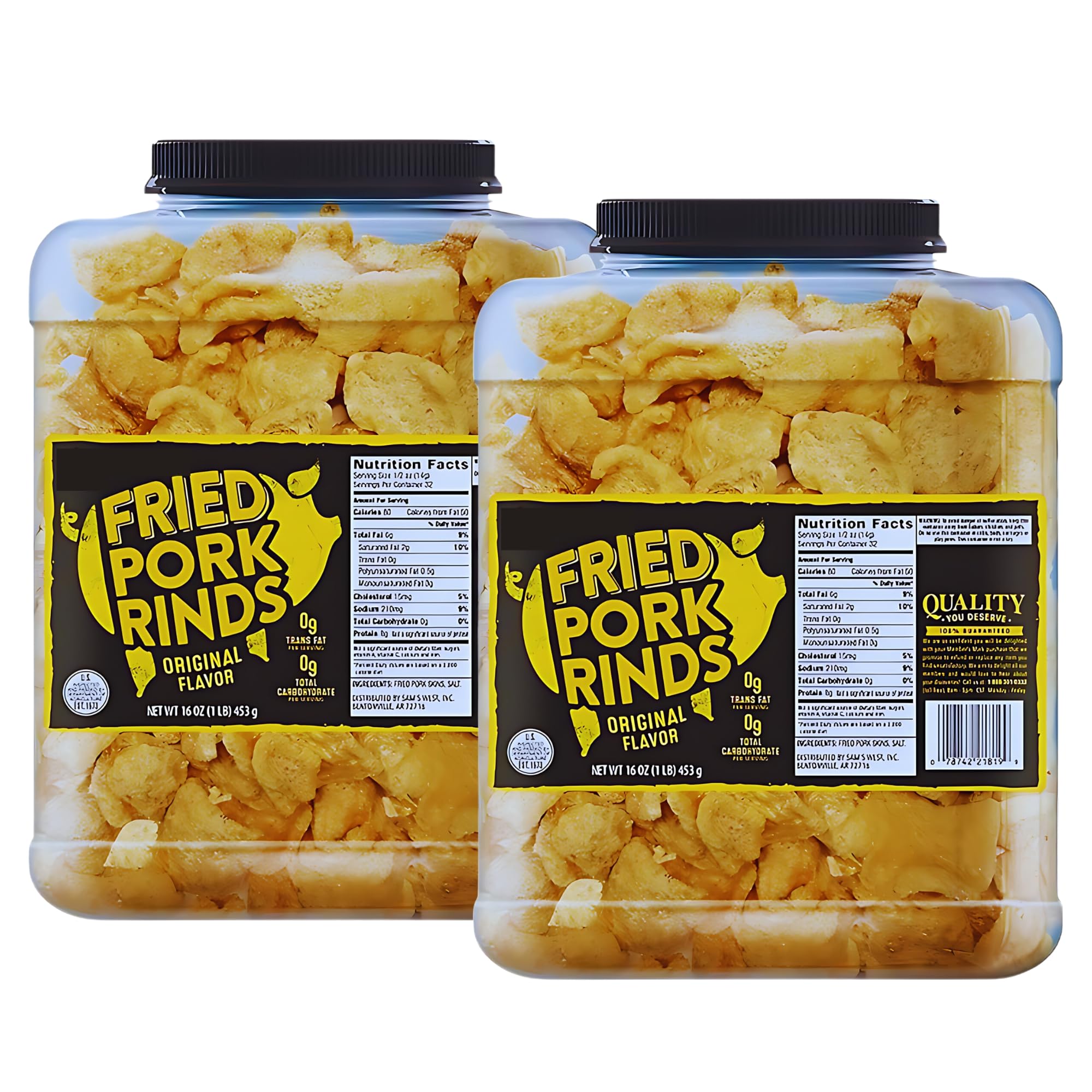 (2) Original Fried Pork Rinds, 16oz Resealable Tub Premium Chicharrones Zero Carbs High Protein Crunchy Crackling Snacks Keto Paleo Friendly Party Food Guacamole Gourmet Snack Savory Treat
