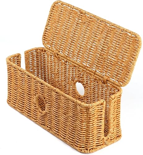 Miniatura 1 de Caja organizadora de cables de ratán, caja organizadora de cables tejida a mano, 4 ranuras abiertas, caja oculta debajo del escritorio, gestión de