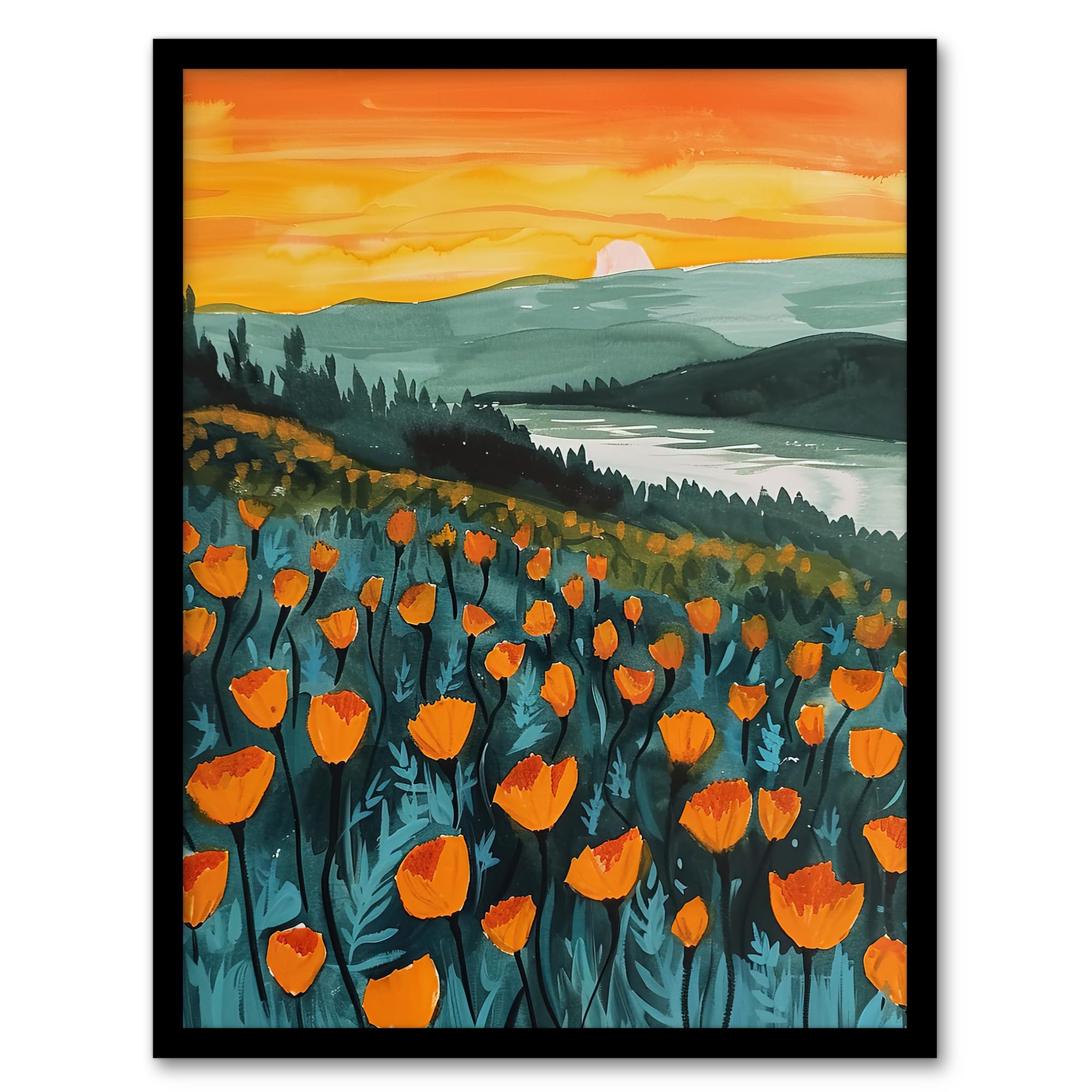 Artery8 Floral Shoreline California Poppies At Sunrise Living Room Artwork Framed Wall Art Print A4