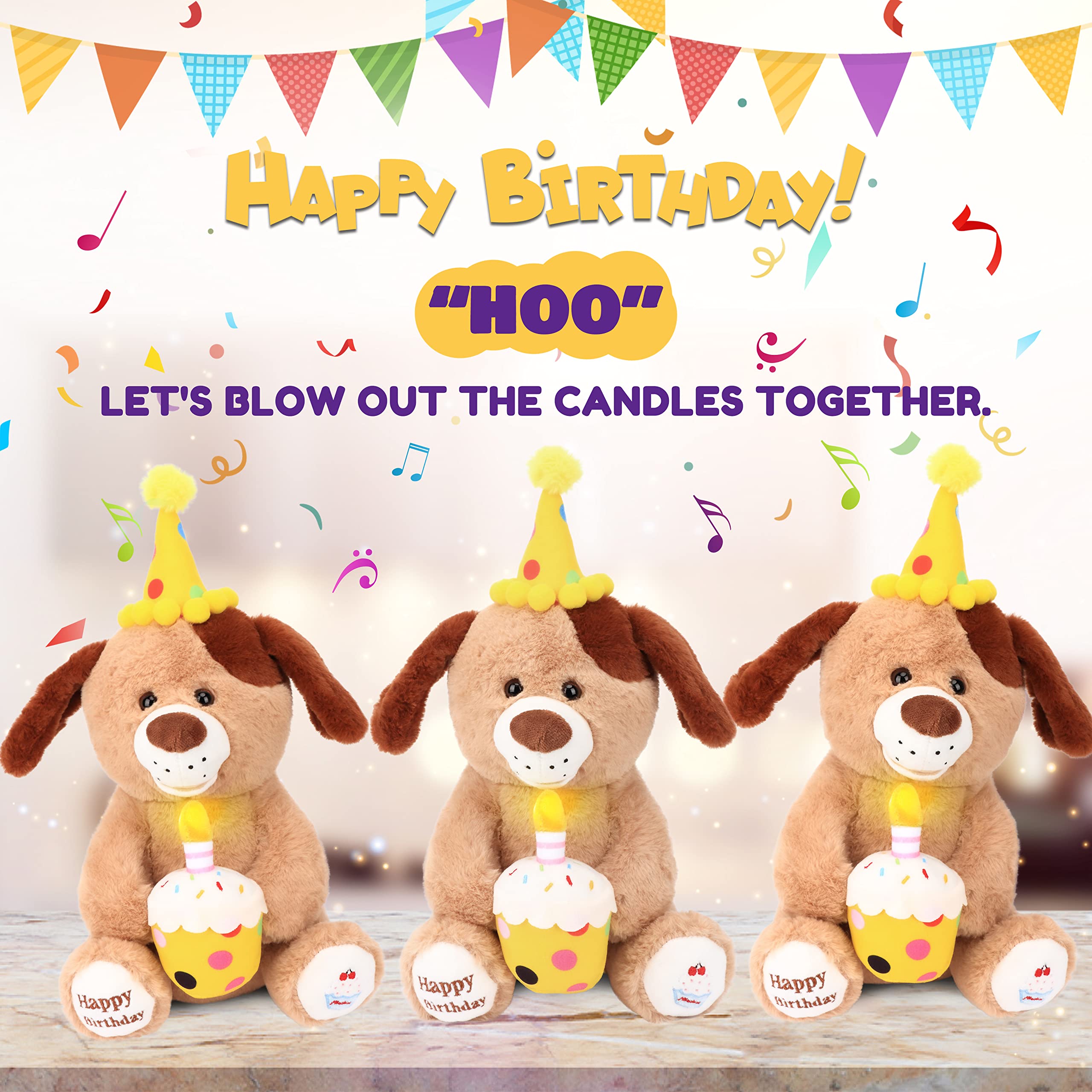 Hopearl Adorable perro de feliz cumpleaños con magdalena brillante musical de peluche cachorro cantando y agitando, juguete de peluche interactivo animado para niños, marrón, 15 pulgadas