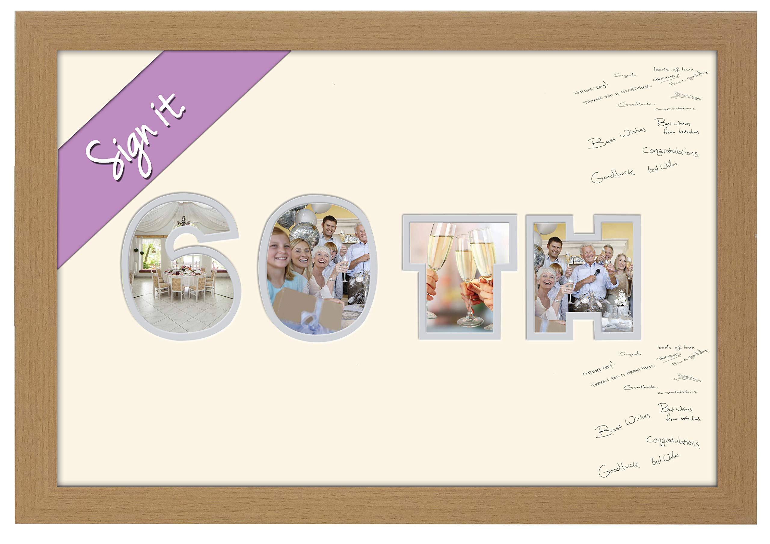 Photos in a Word 60th Birthday Diamond Wedding Anniversary Personalised Guest Book Signing Signature Autograph Photo Frame to Sign Gift Present (Oak Finish Frame)